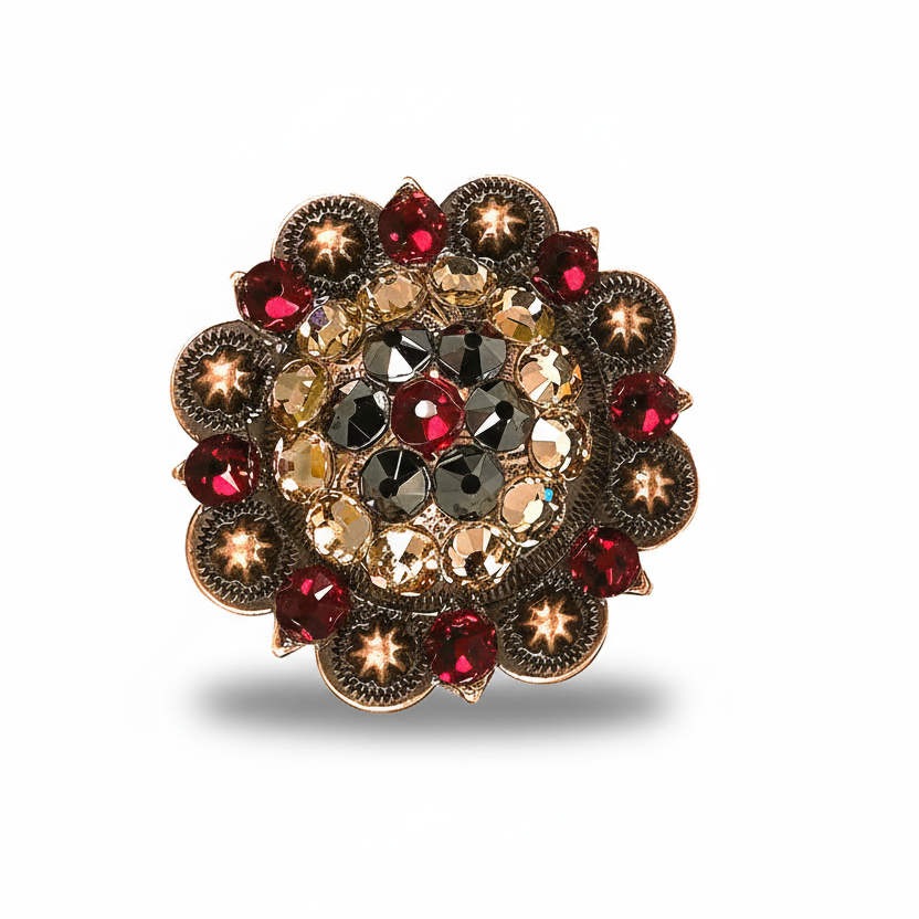 Copper Ruby - Jet - Champagne Crystal Conchos | Sizes 1"- 3" | Buckles | Saddle Set | Leather Rosettes | Slide