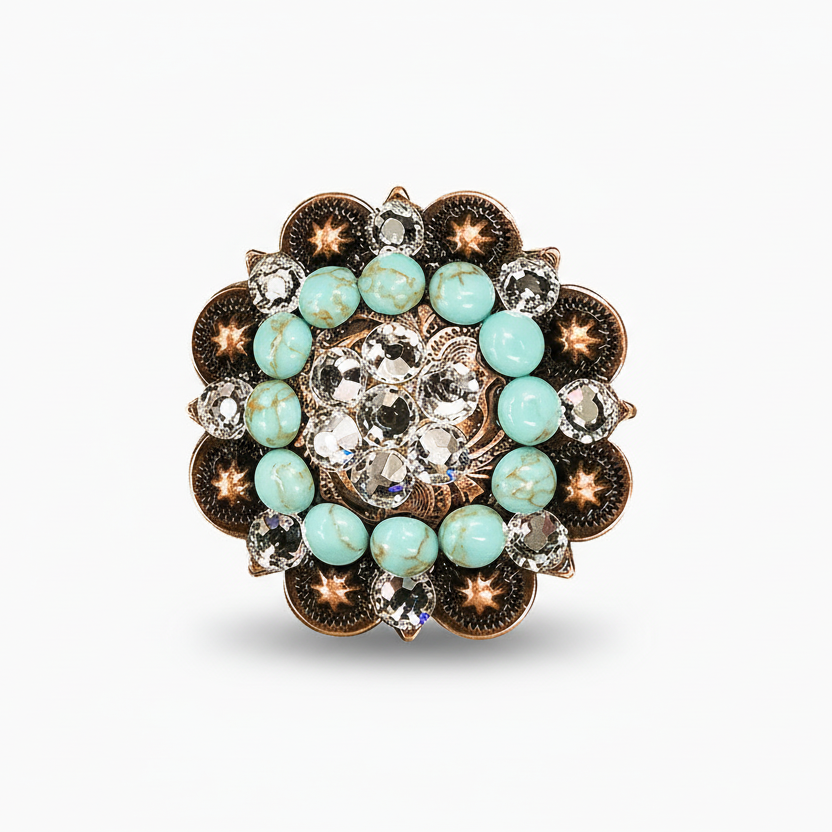 Copper Turquoise - Clear Crystal Conchos | Sizes 1"- 3" | Buckles | Saddle Set | Leather Rosettes | Slide