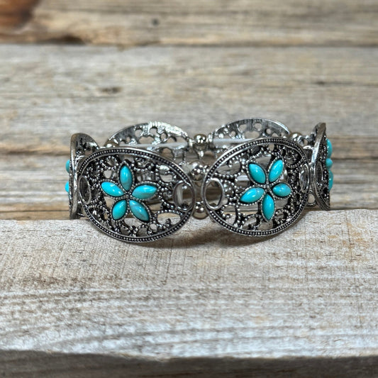 Country Silver Turquoise Flower Fashion Bracelet- Rodeo Drive Conchos 