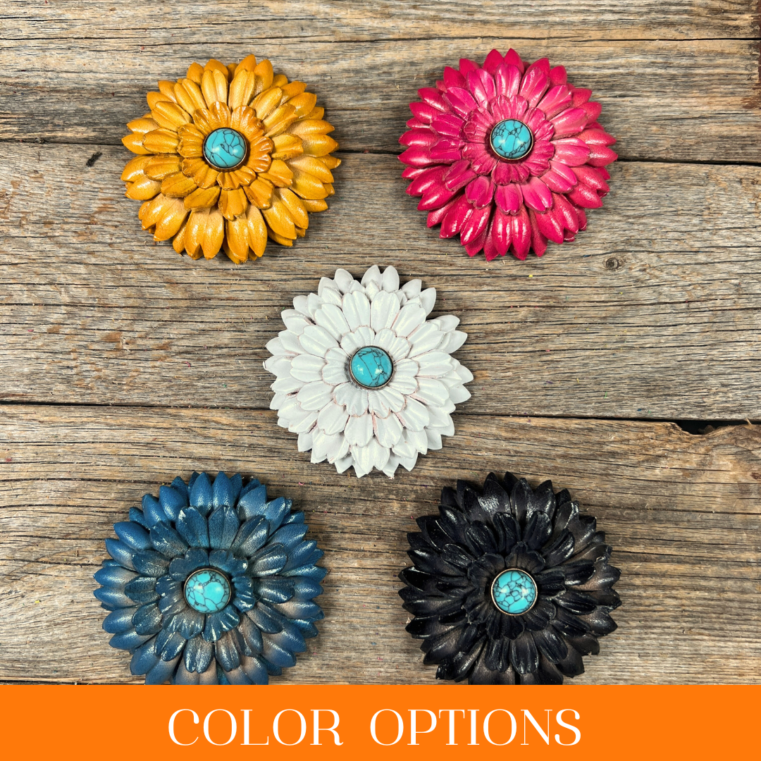 Hand Painted Leather Flowers - Daisies - Round Turquoise Cabochons