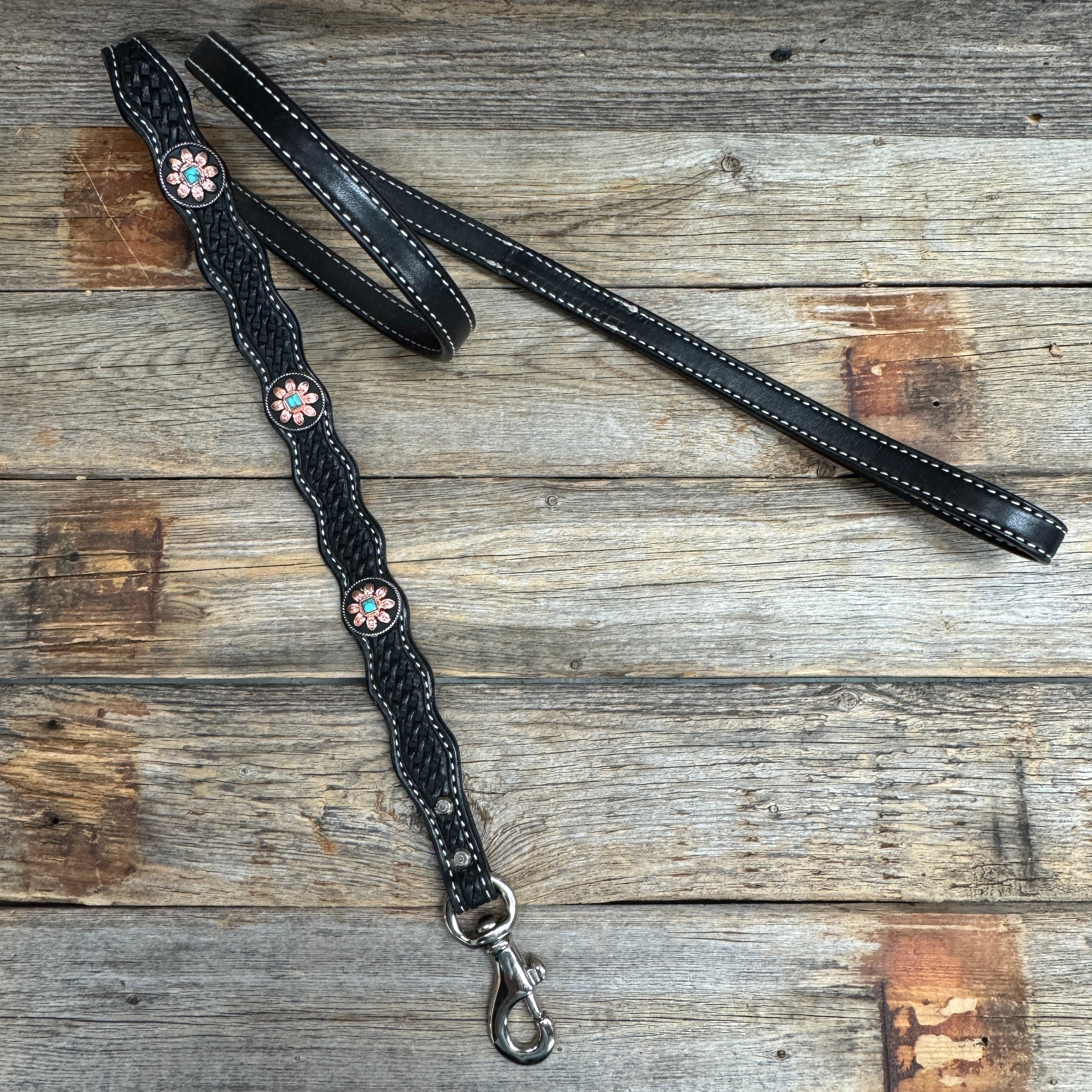 Genuine Leather Dog Collar or Leash With Copper Turquoise Sunflower Conchos 10" to 22" W188S orDC1006