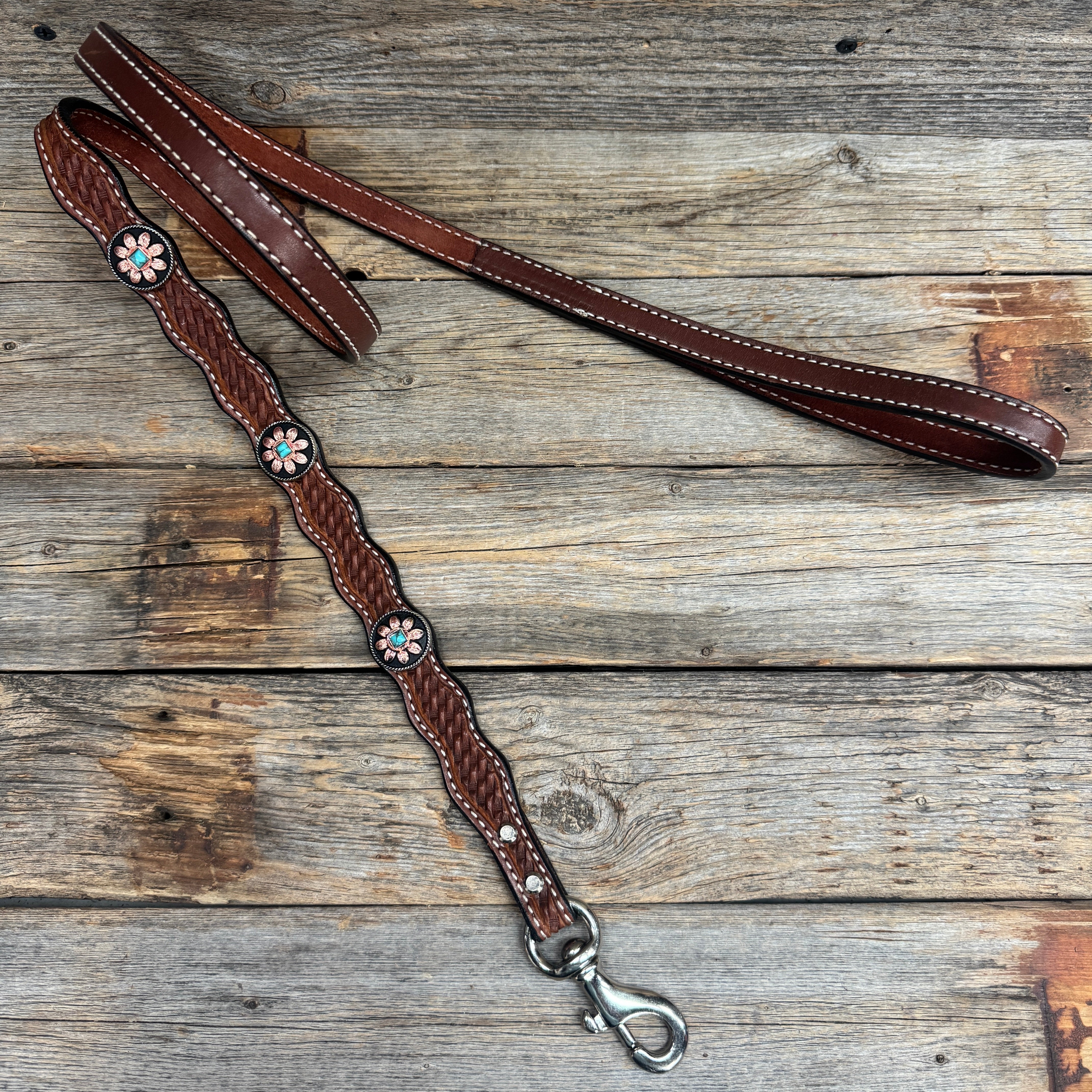 Genuine Leather Dog Collar or Leash With Copper Turquoise Sunflower Conchos 10" to 22" W188S orDC1006