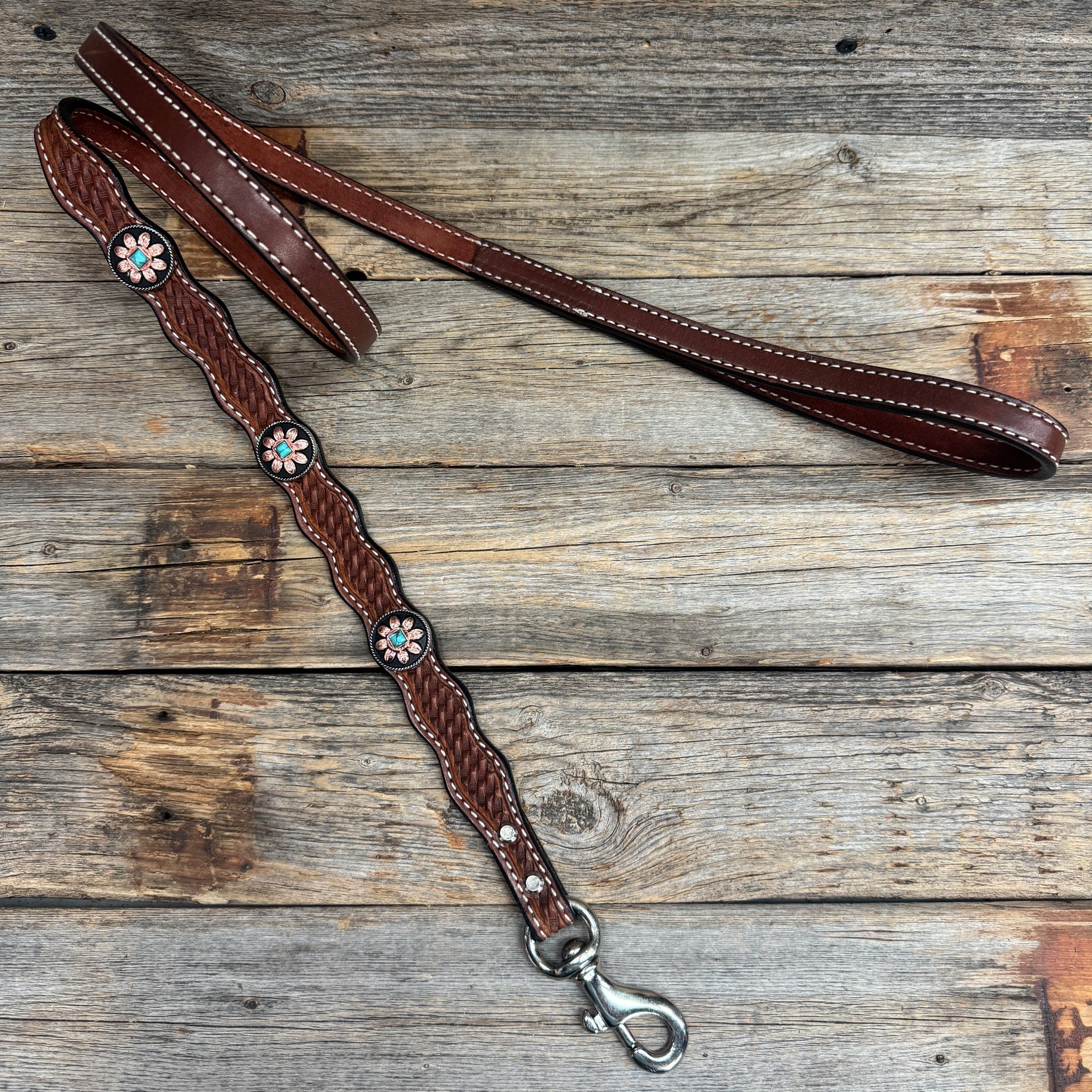 Genuine Leather Dog Collar or Leash With Copper Turquoise Sunflower Conchos 10" to 22" W188S orDC1006