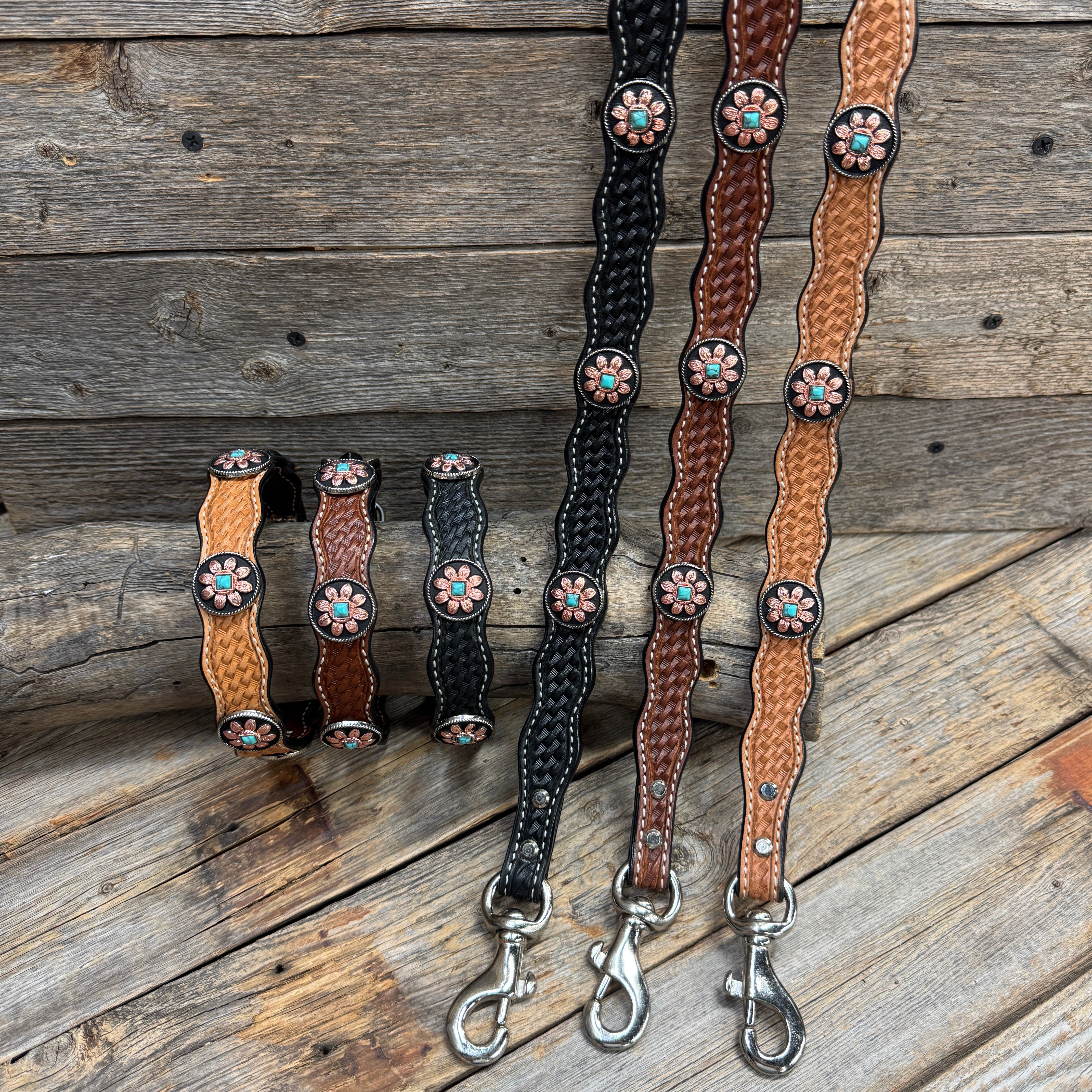 Genuine Leather Dog Collar or Leash With Copper Turquoise Sunflower Conchos 10" to 22" W188S orDC1006