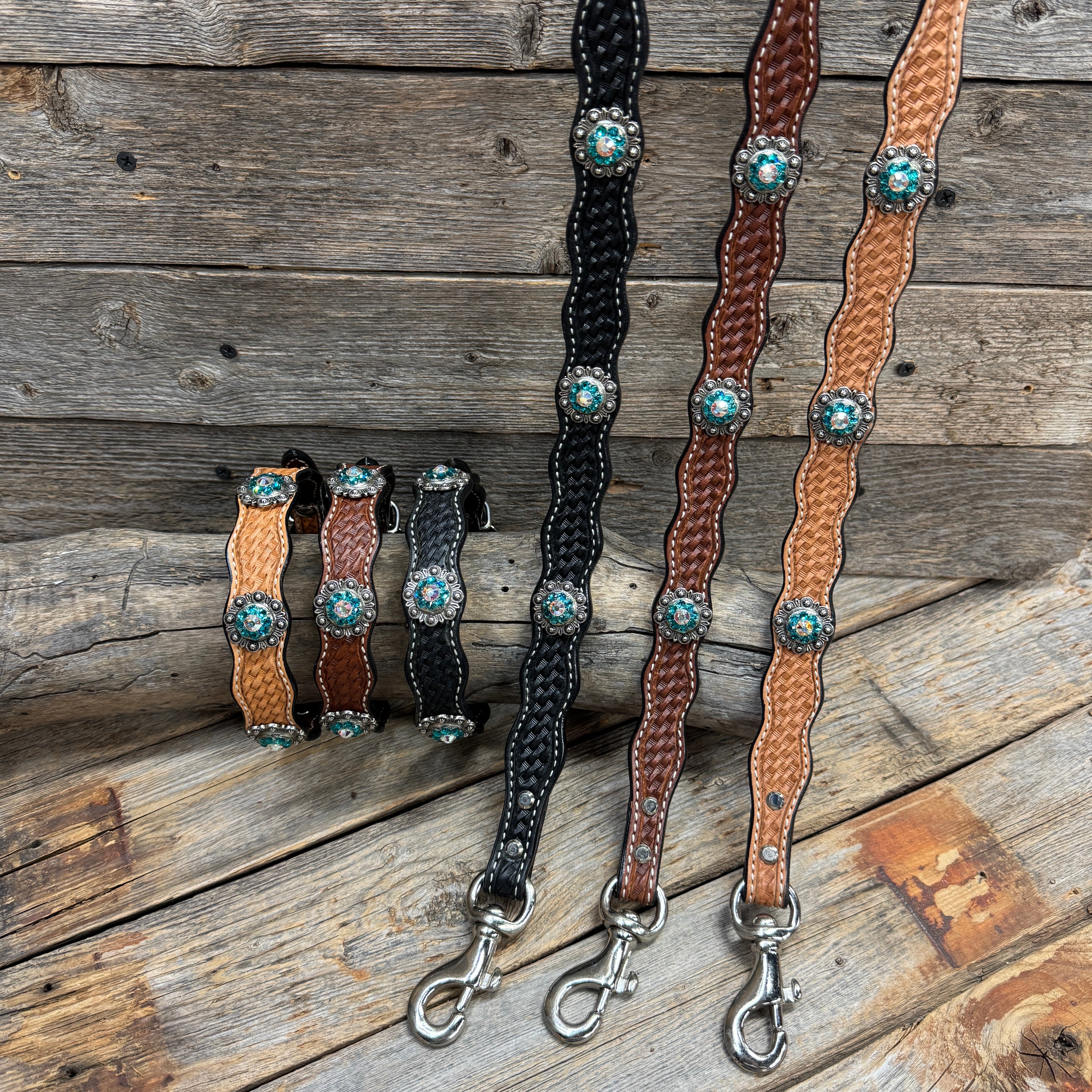 Genuine Leather Dog Collar or Leash With Antique Silver Teal and AB Conchos 10" to 22" orDC45