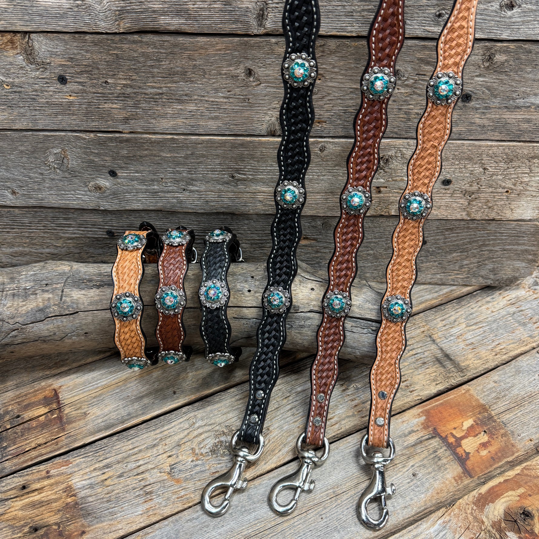 Genuine Leather Dog Collar or Leash With Antique Silver Teal and AB Conchos 10" to 22" orDC45