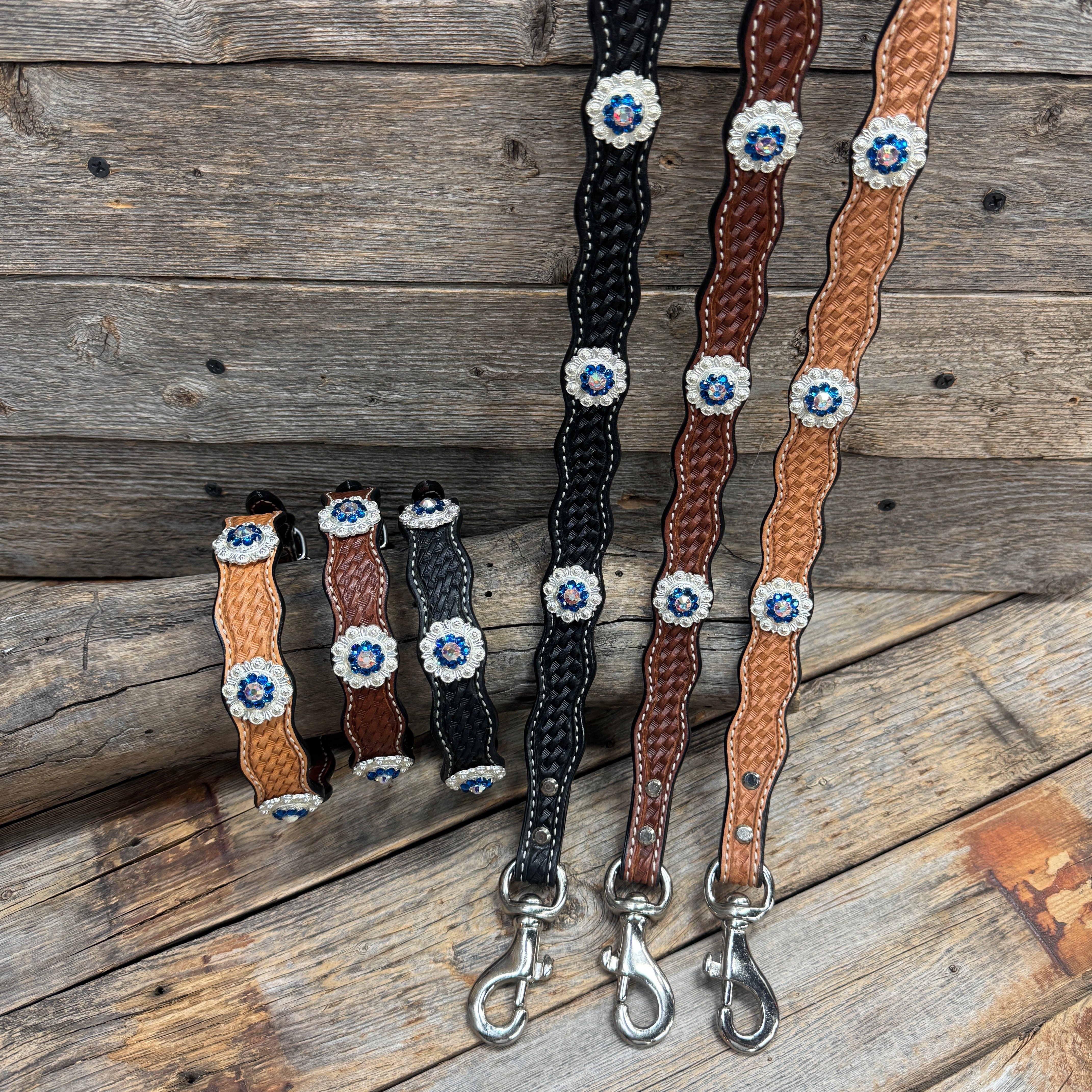 Genuine Leather Dog Collar or Leash With Bright Silver Capri and AB Conchos 10" to 22" orDC48