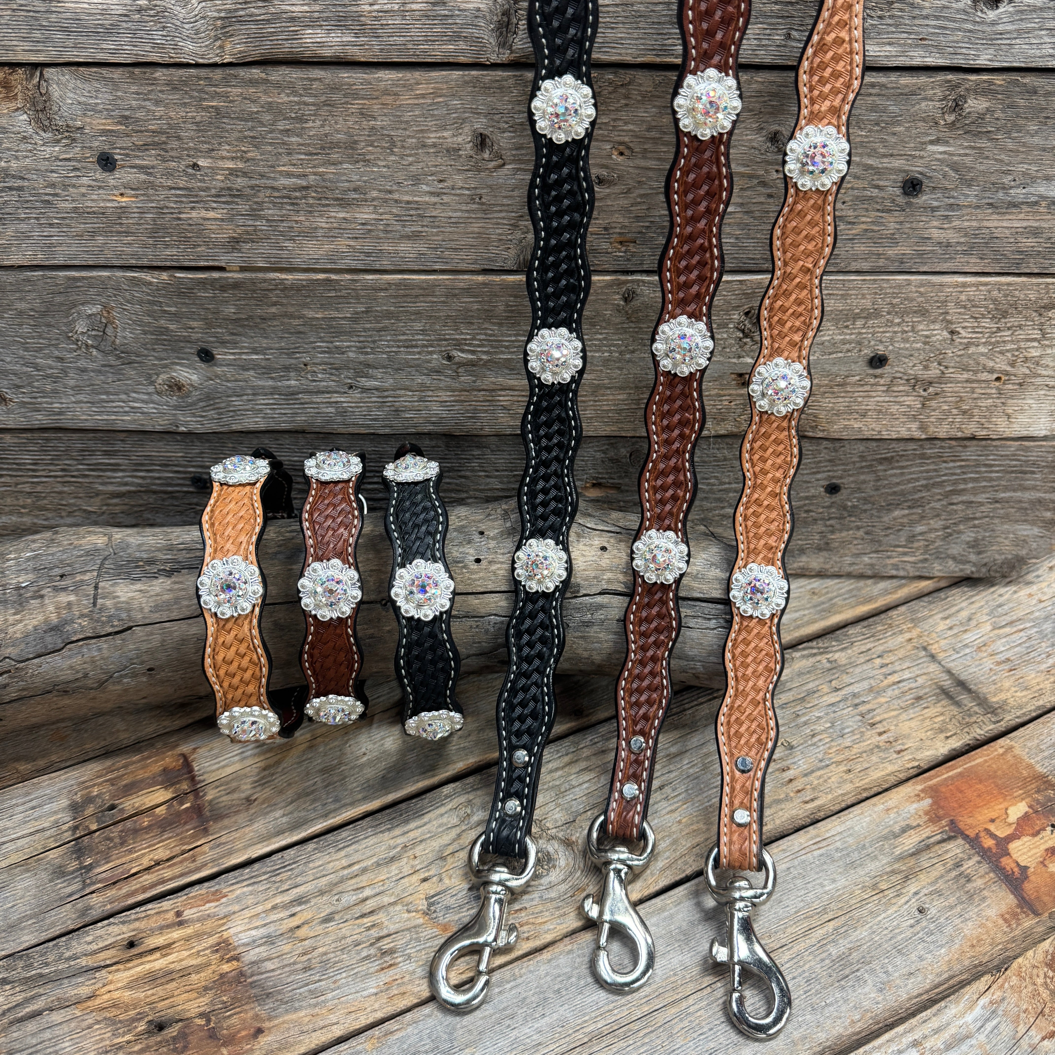 Genuine Leather Dog Collar or Leash With Bright Silver AB Conchos 10" to 22" orDC49