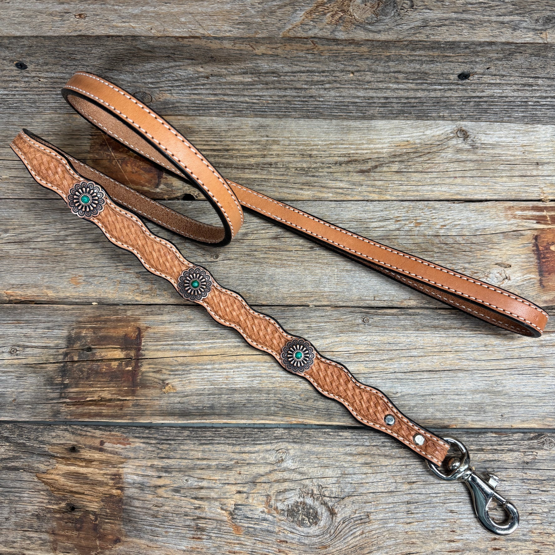 Genuine Leather Dog Collar or Leash With Copper Green Turquoise Conchos 10" to 22" W103S -DC51