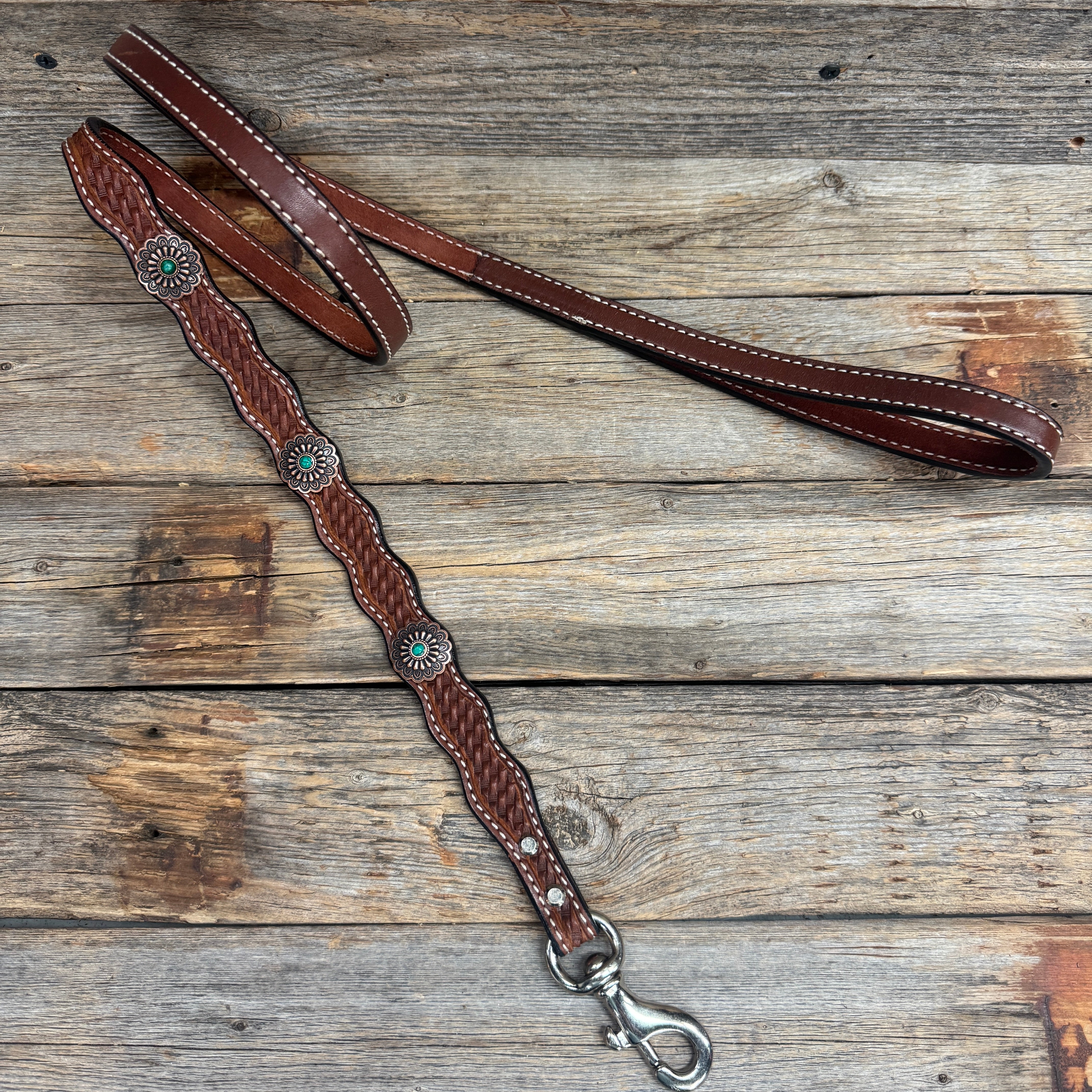 Genuine Leather Dog Collar or Leash With Copper Green Turquoise Conchos 10" to 22" W103S -DC51