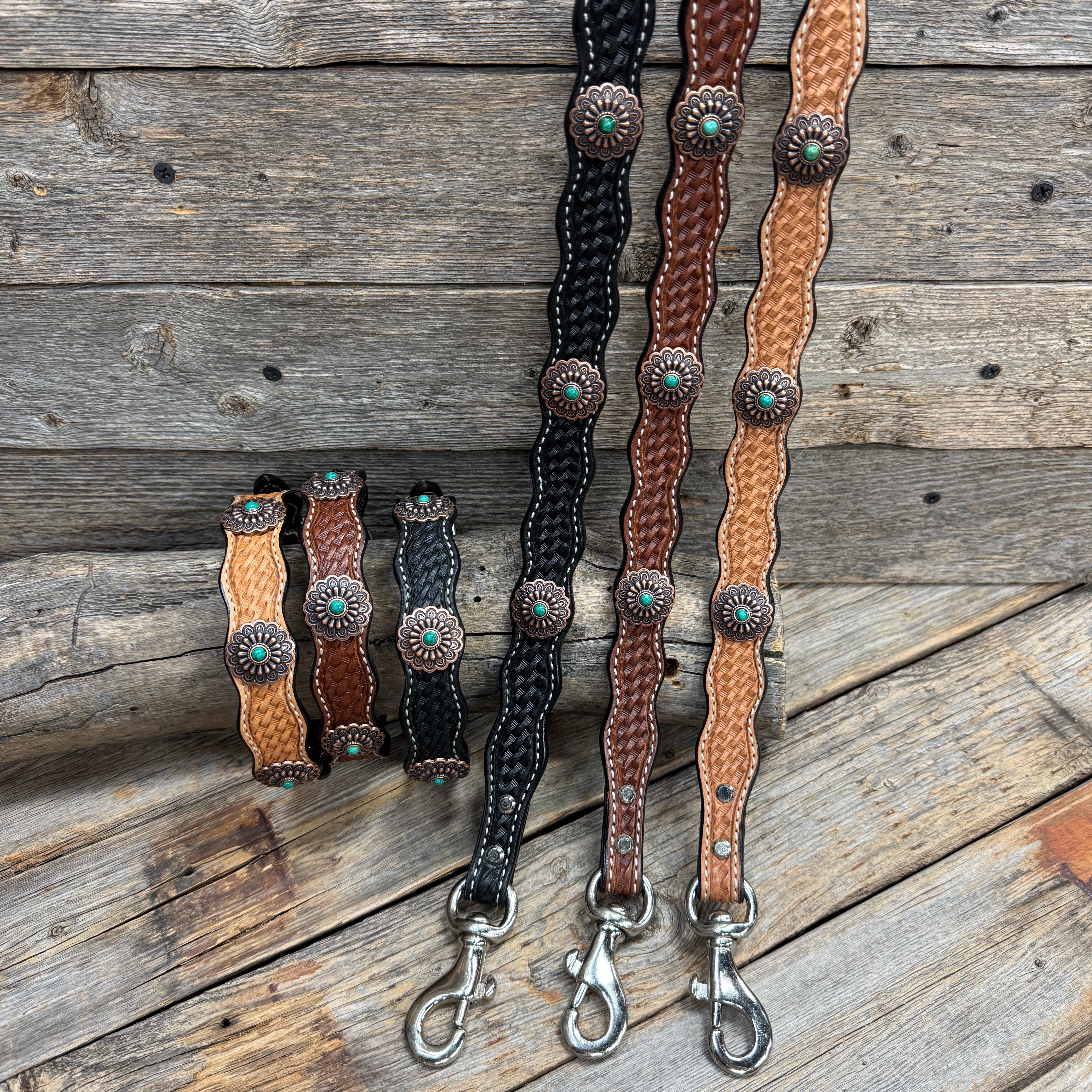 Genuine Leather Dog Collar or Leash With Copper Green Turquoise Conchos 10" to 22" W103S -DC51