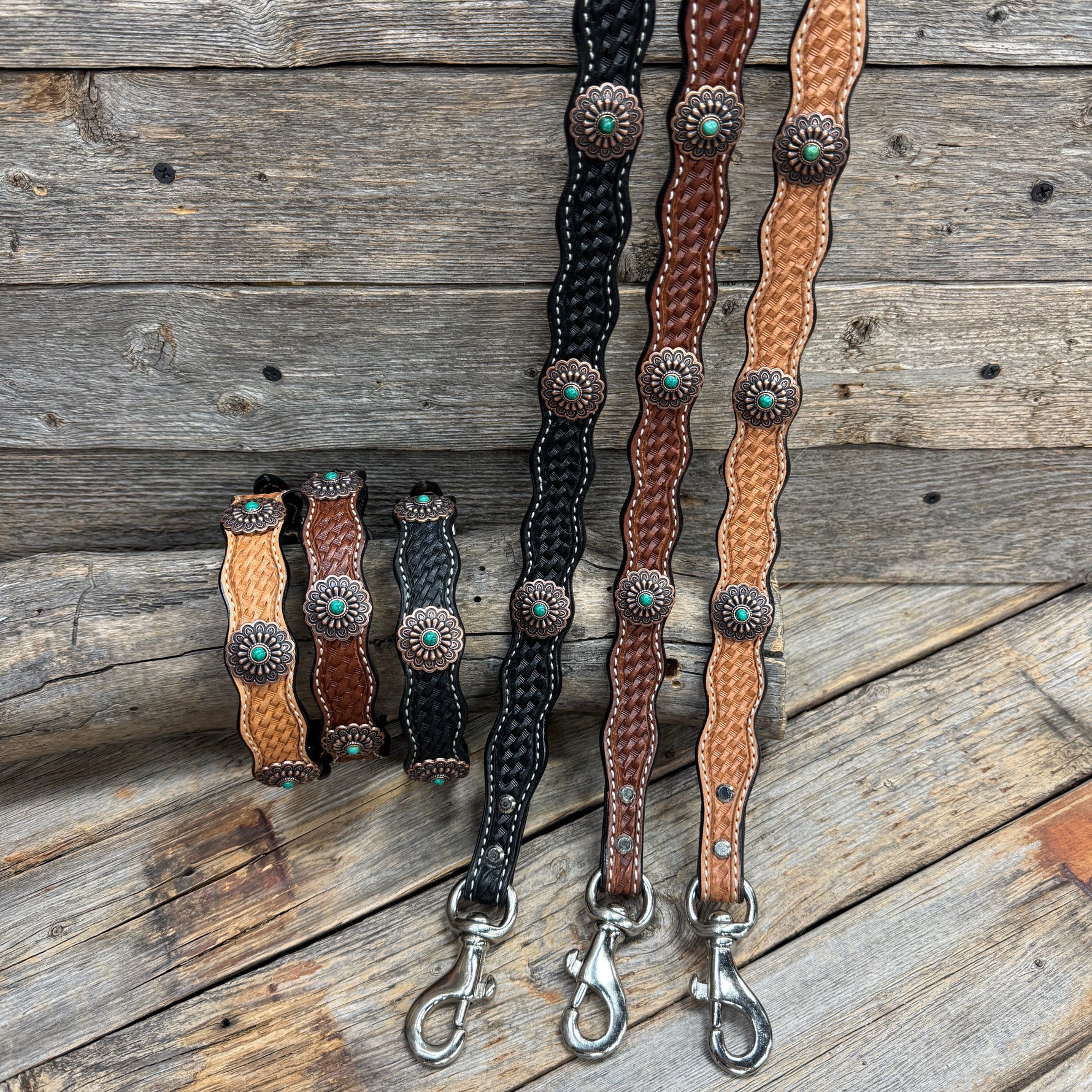 Genuine Leather Dog Collar or Leash With Copper Green Turquoise Conchos 10" to 22" W103S -DC51