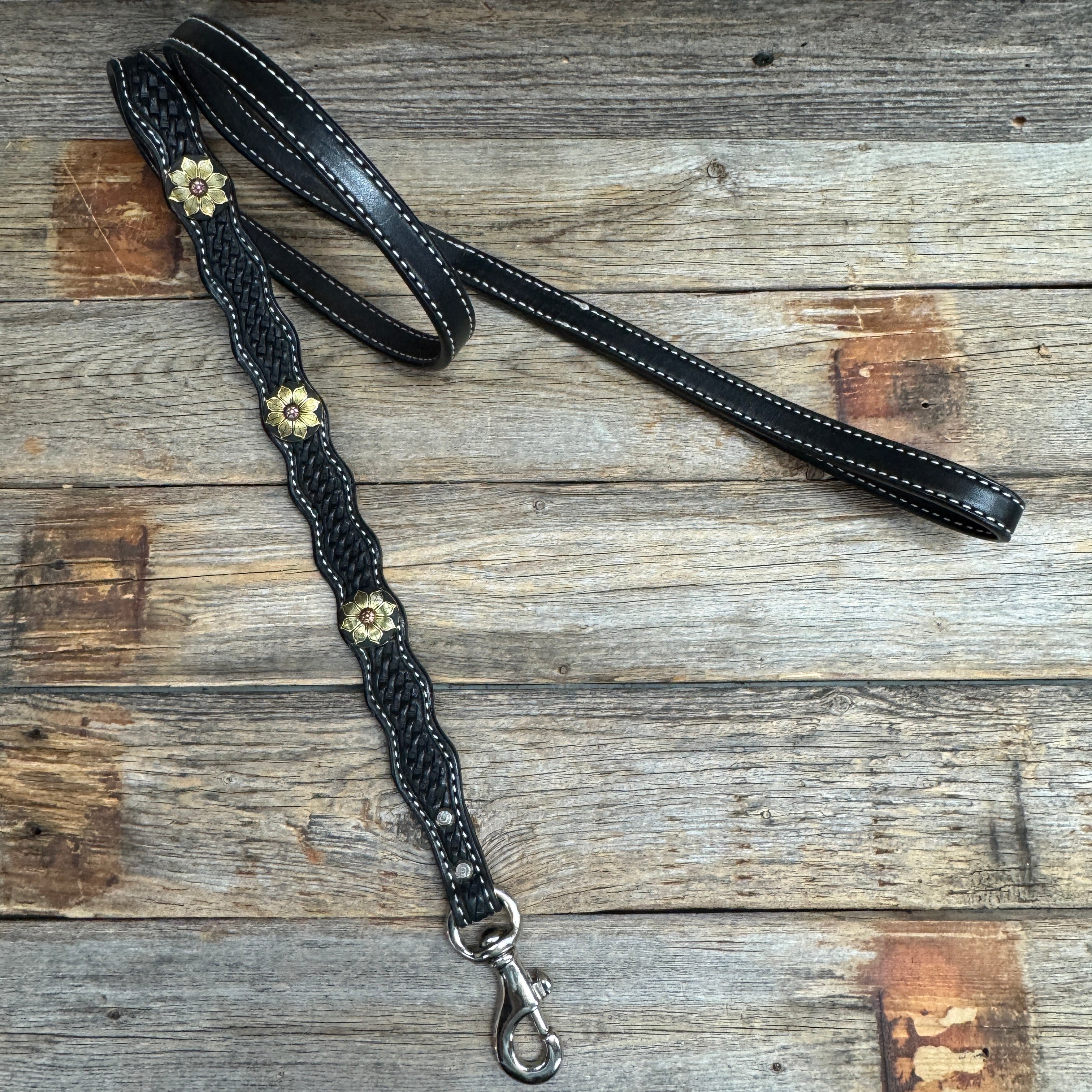 Genuine Leather Dog Collar or Leash With Copper Flower Conchos 10" to 22" W125S -DC52