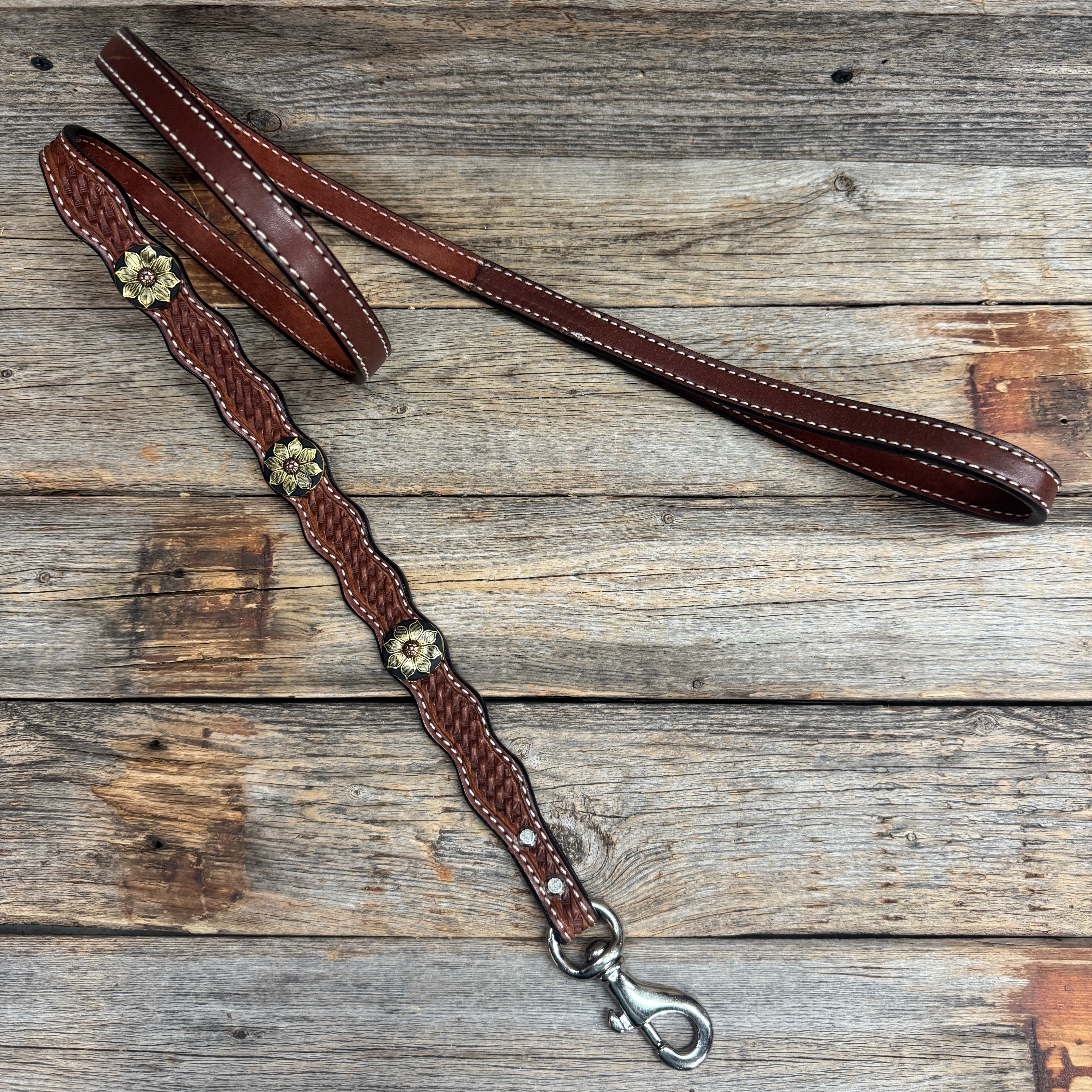 Genuine Leather Dog Collar or Leash With Copper Flower Conchos 10" to 22" W125S -DC52