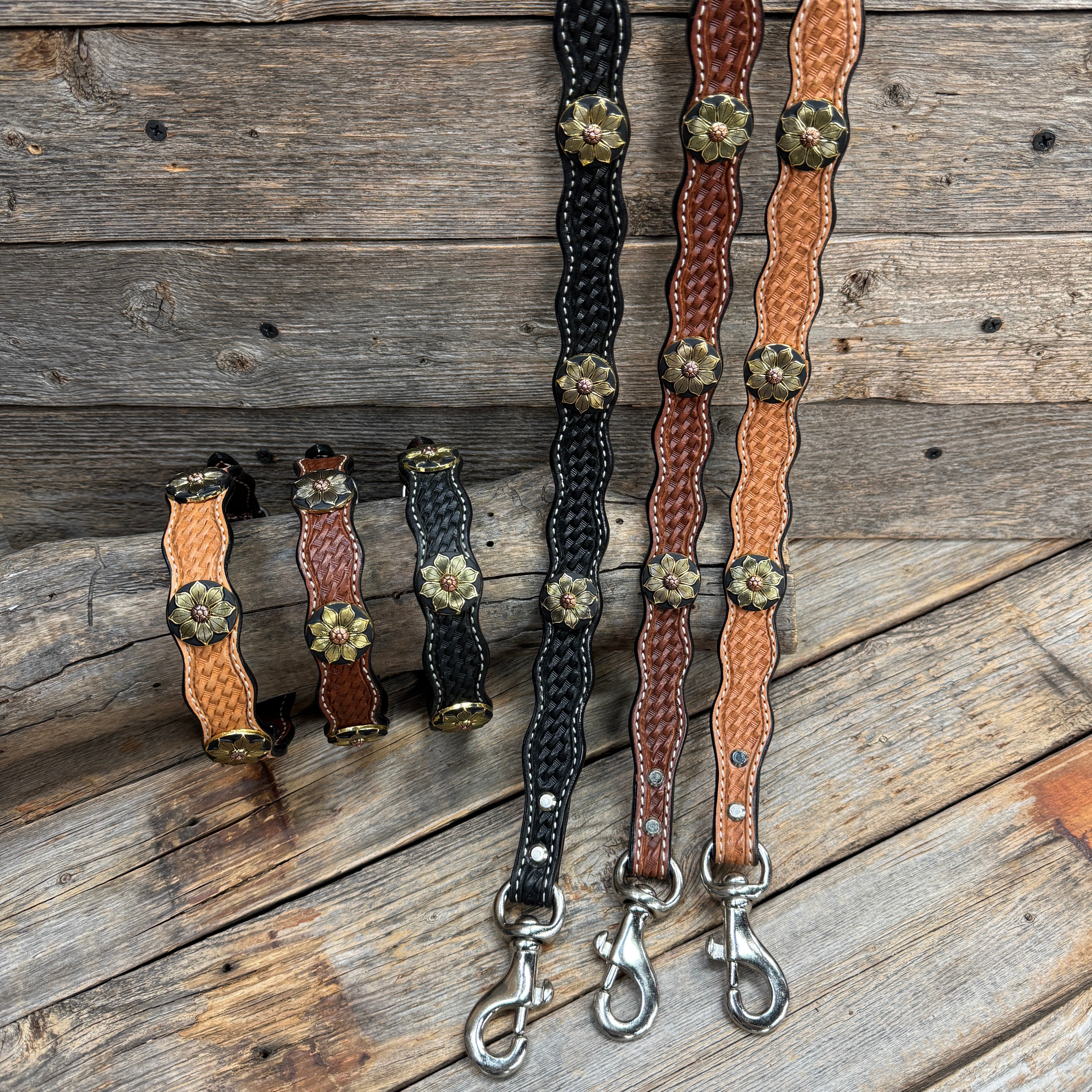 Genuine Leather Dog Collar or Leash With Copper Flower Conchos 10" to 22" W125S -DC52
