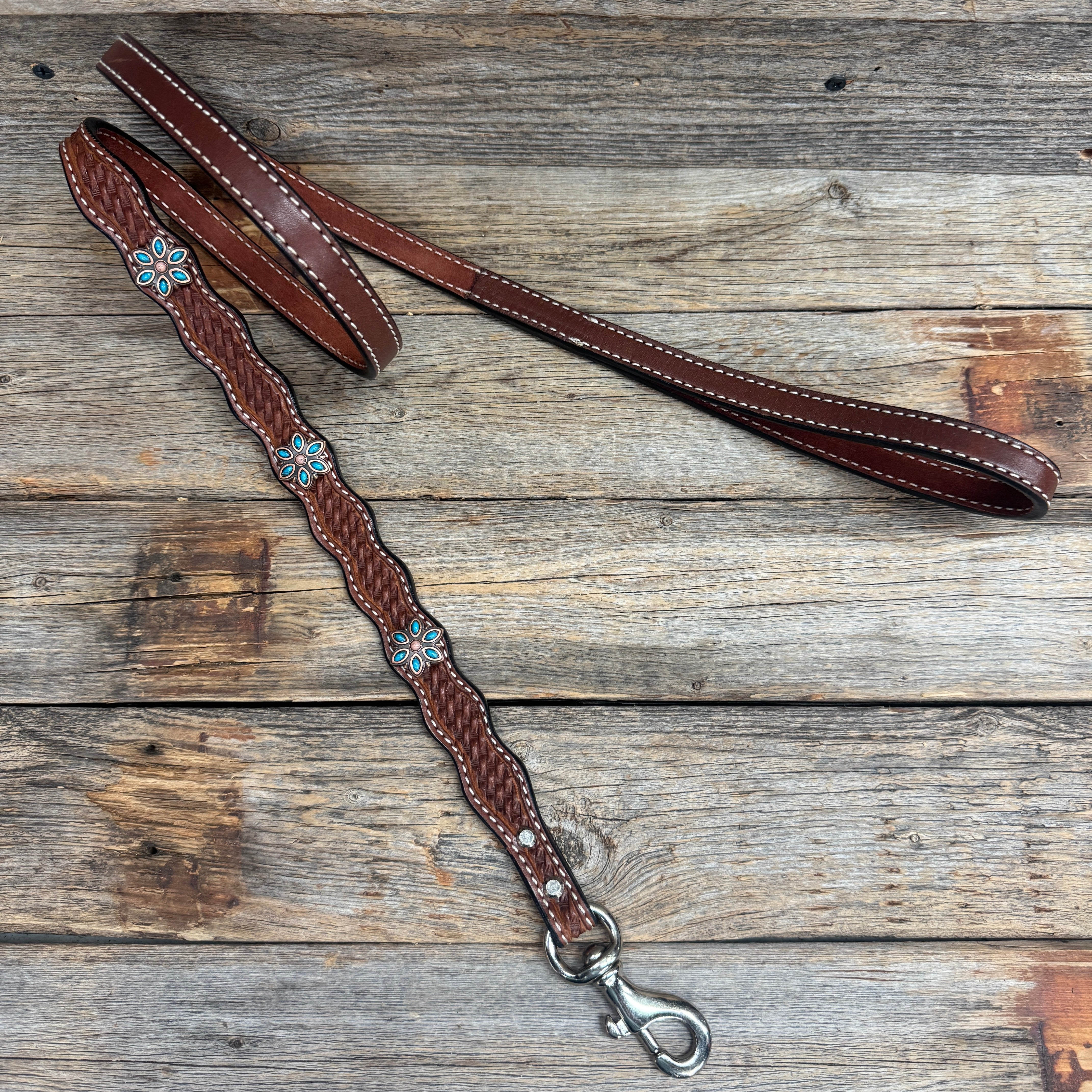 Genuine Leather Dog Collar or Leash With Copper Turquoise Flower Conchos 10" to 22" W207S -DC56