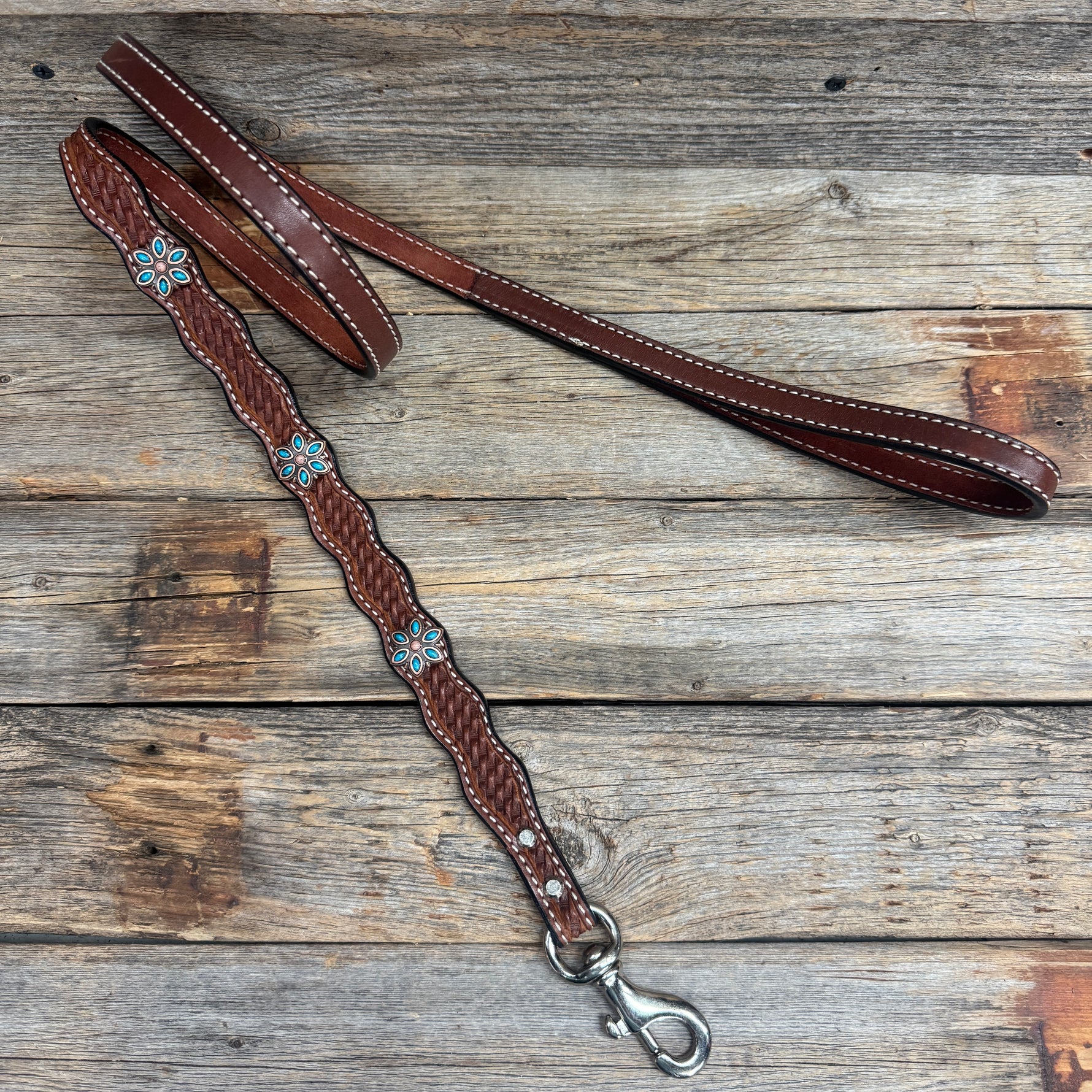 Genuine Leather Dog Collar or Leash With Copper Turquoise Flower Conchos 10" to 22" W207S -DC56