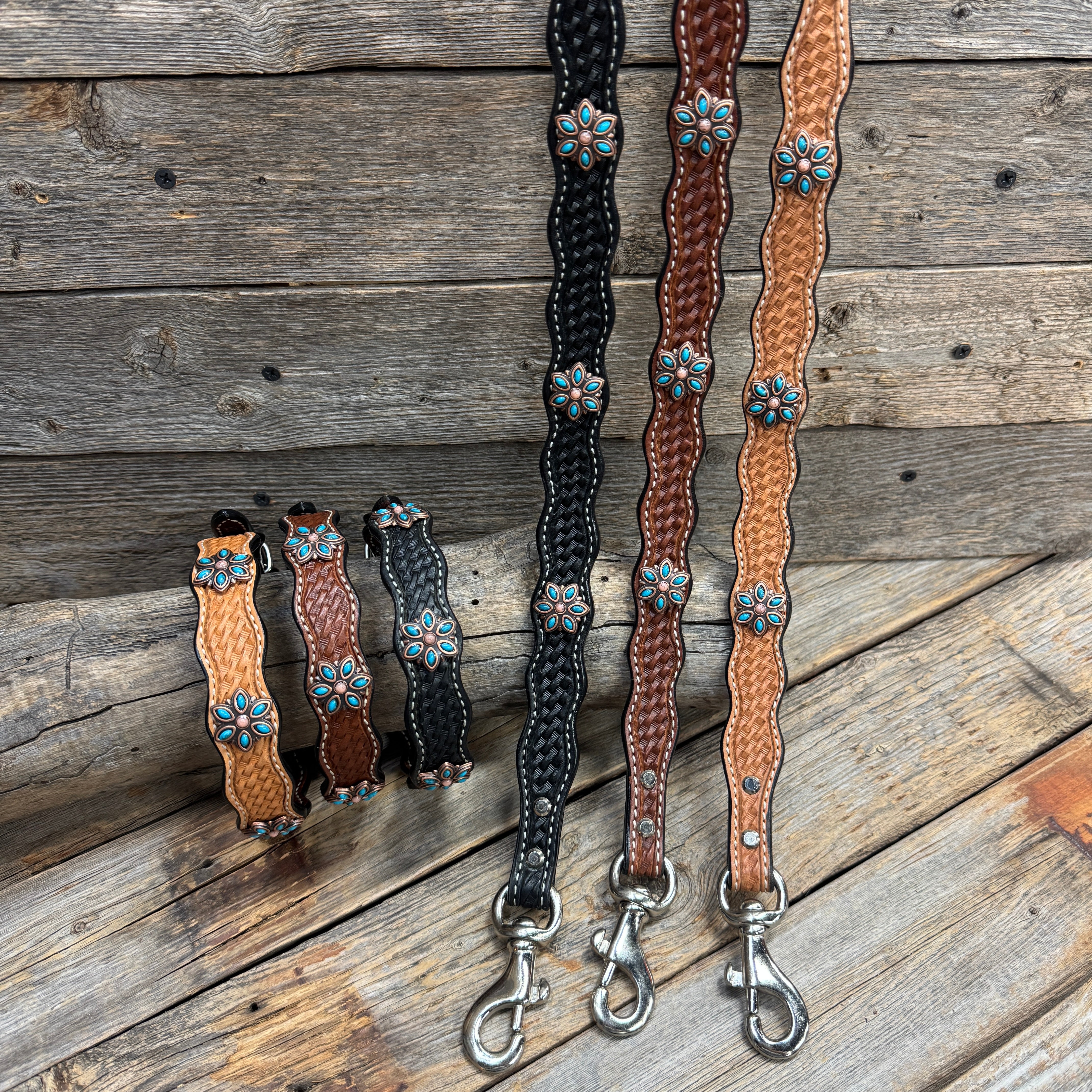 Genuine Leather Dog Collar or Leash With Copper Turquoise Flower Conchos 10" to 22" W207S -DC56