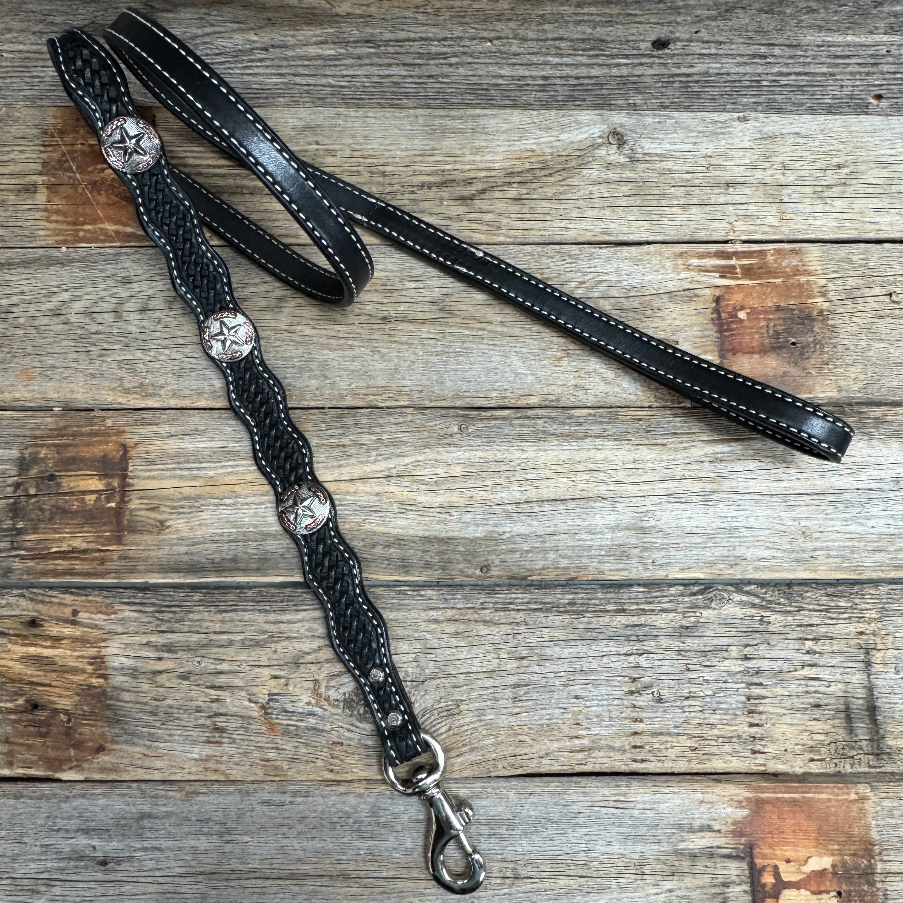 Genuine Leather Dog Collar or Leash With Antique Silver Texas Star Conchos 10" to 22" W187S -DC59