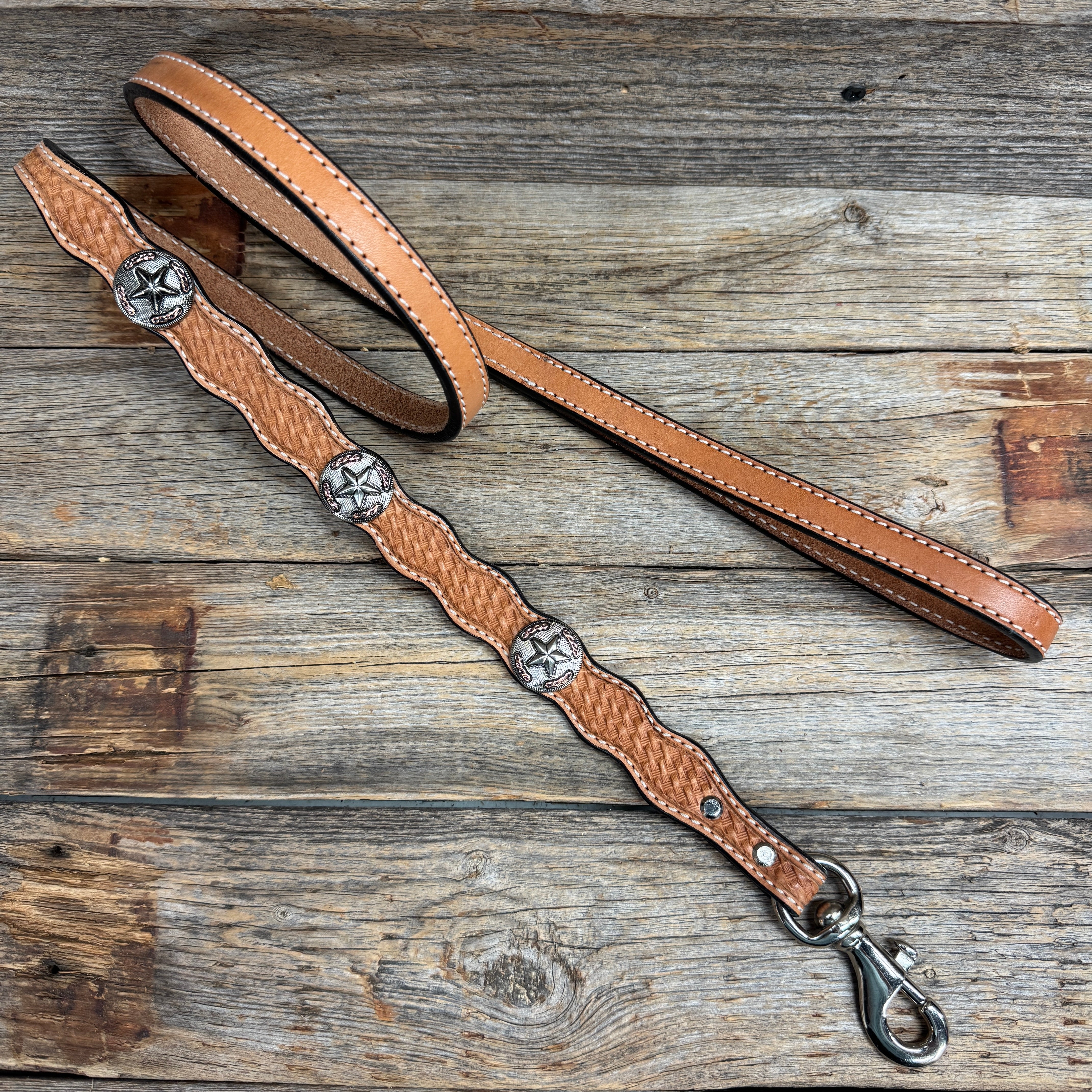 Genuine Leather Dog Collar or Leash With Antique Silver Texas Star Conchos 10" to 22" W187S -DC59