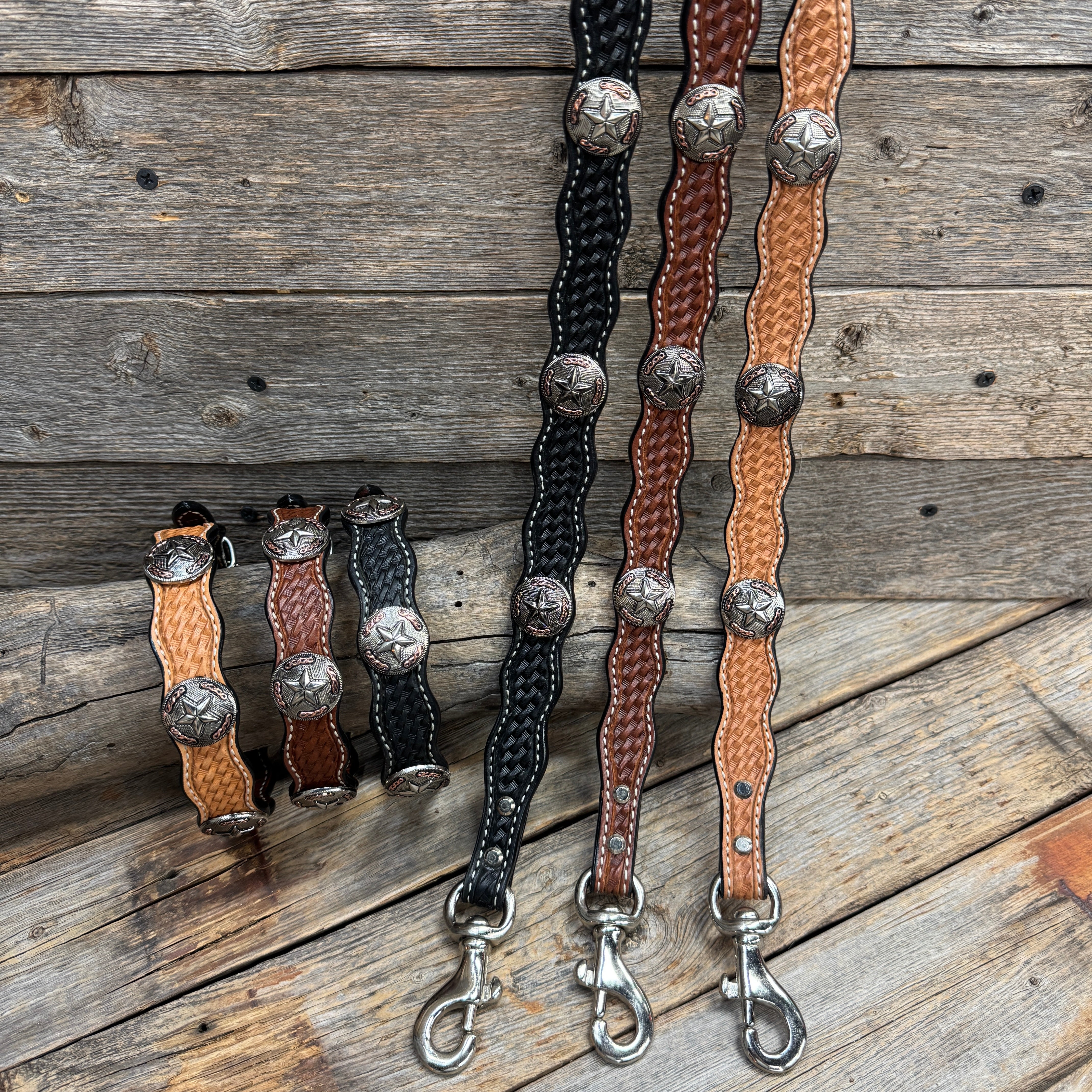 Genuine Leather Dog Collar or Leash With Antique Silver Texas Star Conchos 10" to 22" W187S -DC59