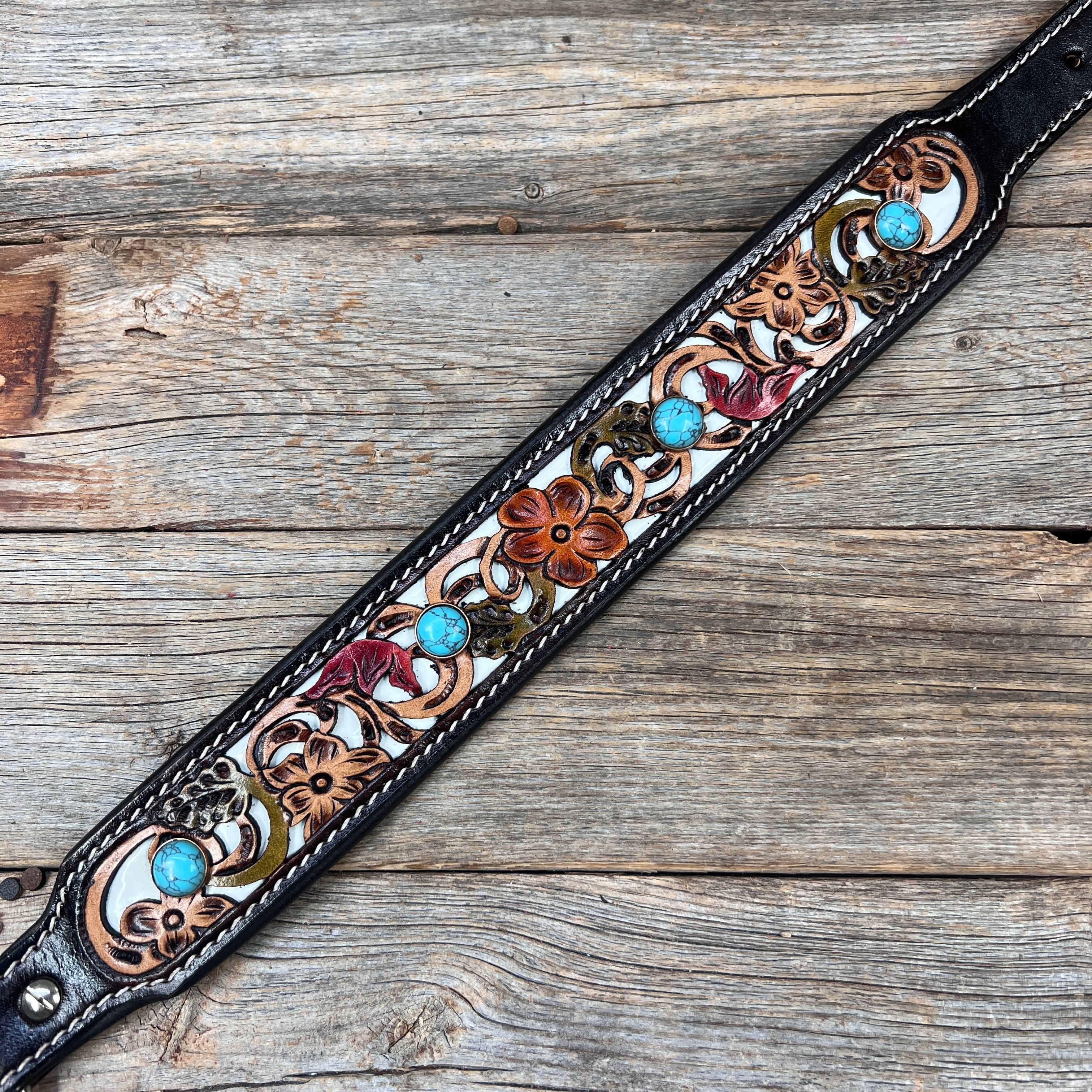 DC65- Floral White Inlay Wide Dog Collar SM-LG Turquoise Cabochons