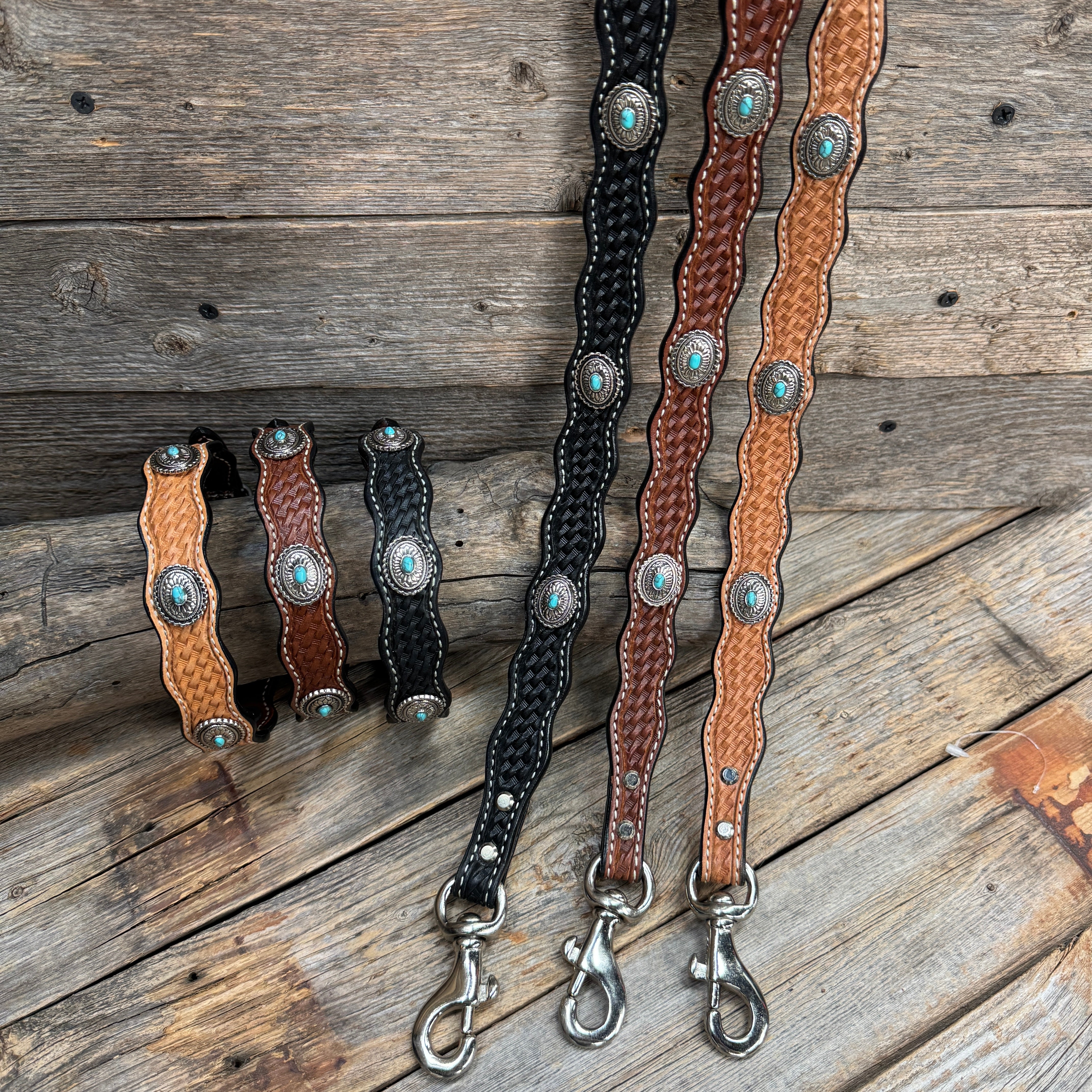 Genuine Leather Dog Collar or Leash With Antique Silver Oval Conchos 10" to 22" W237S|DC66