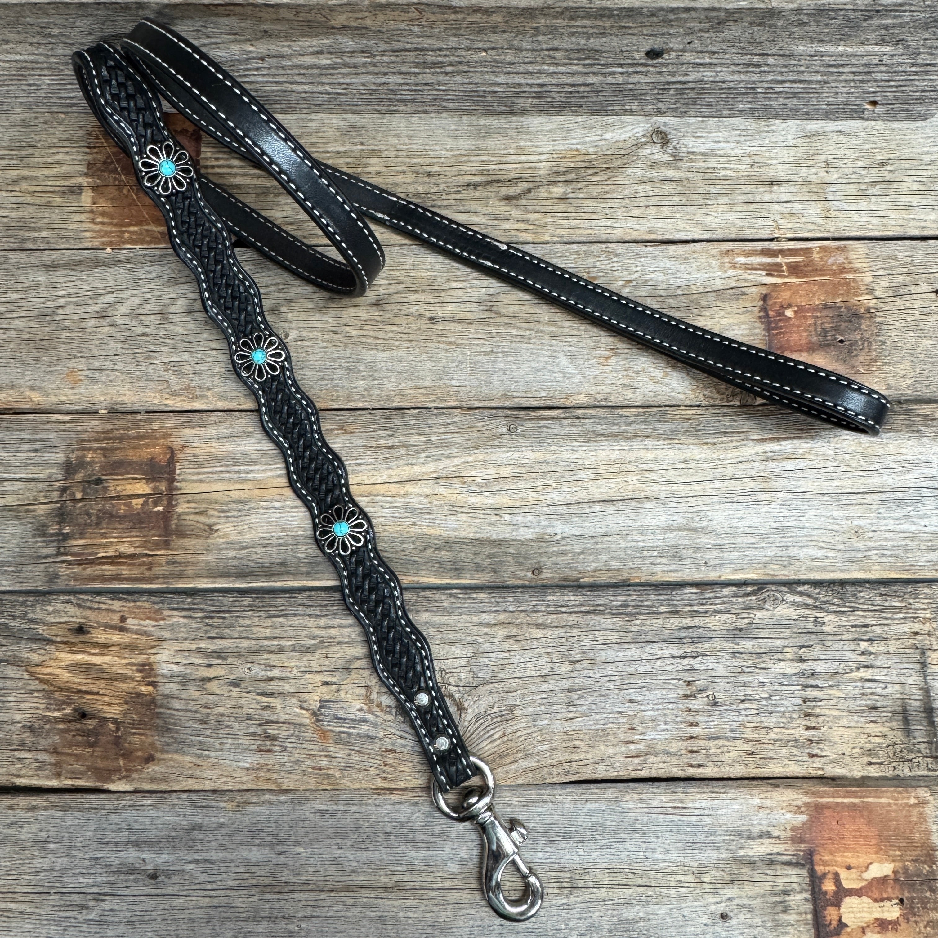 Genuine Leather Dog Collar or Leash With Turquoise Flower Conchos 10" to 22" W231S -DC69