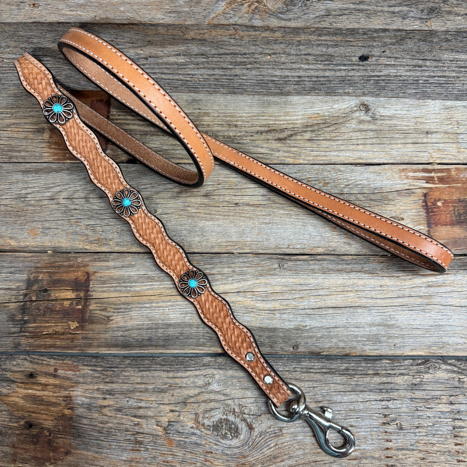 Genuine Leather Dog Collar or Leash With Turquoise Flower Conchos 10" to 22" W231S -DC69