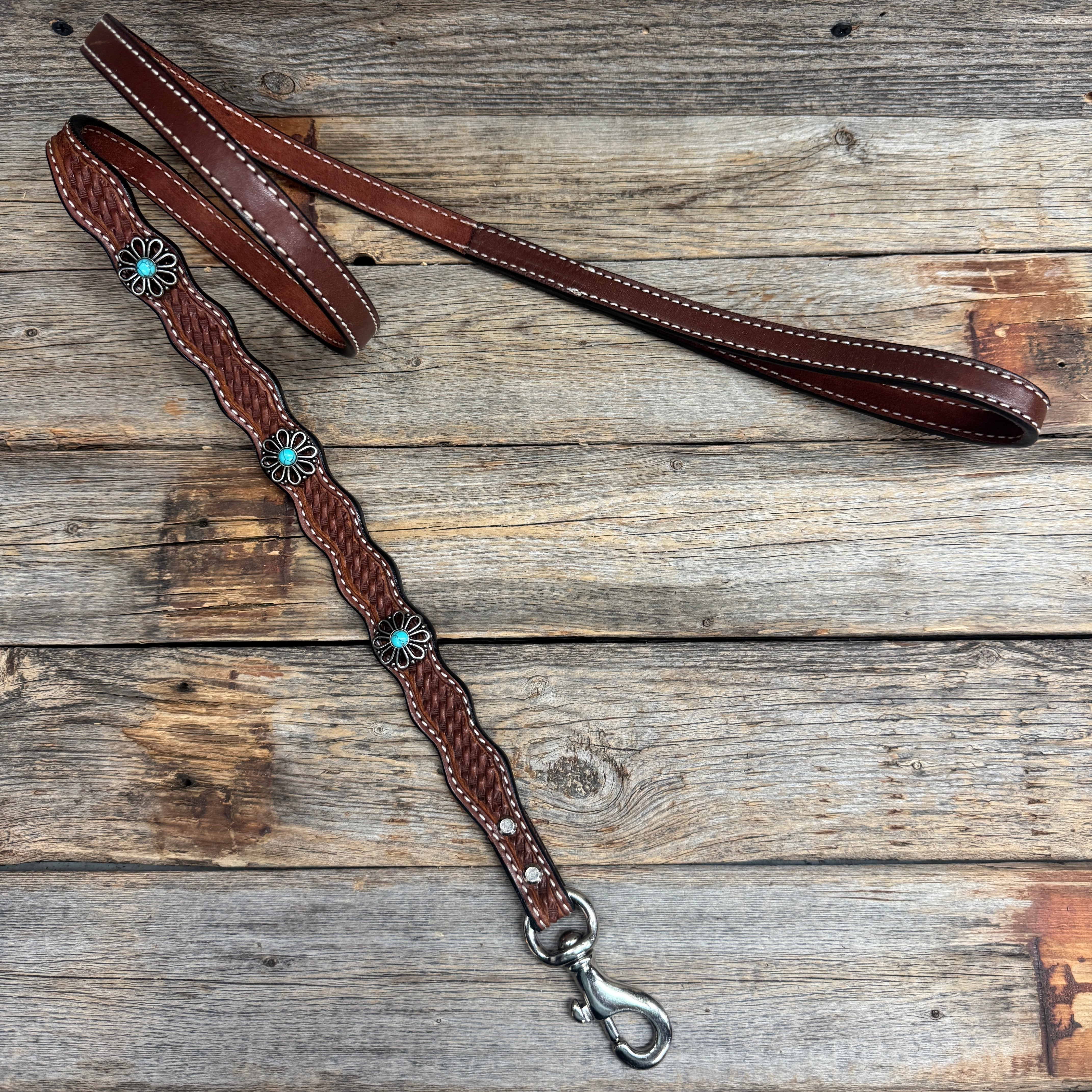 Genuine Leather Dog Collar or Leash With Turquoise Flower Conchos 10" to 22" W231S -DC69