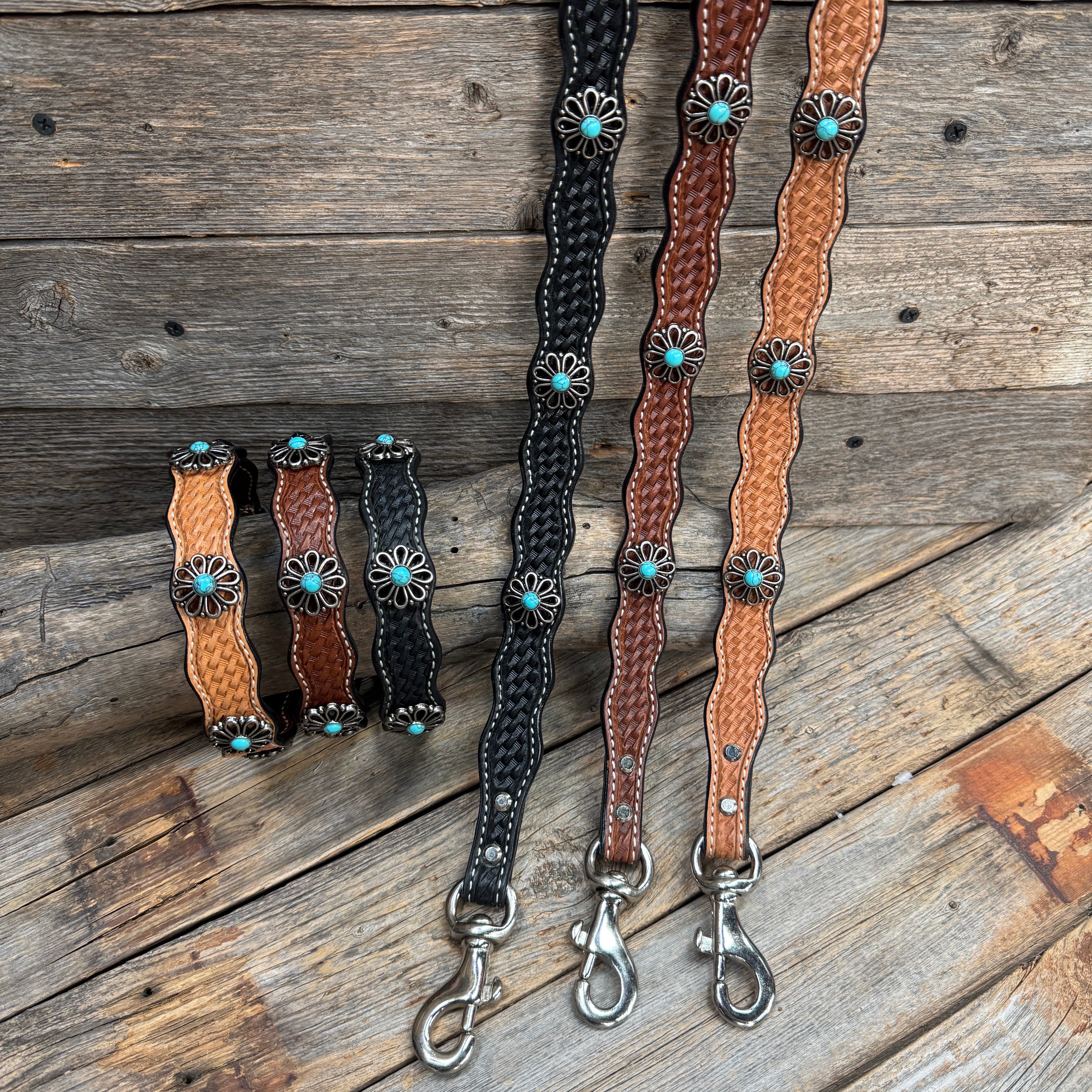 Genuine Leather Dog Collar or Leash With Turquoise Flower Conchos 10" to 22" W231S -DC69
