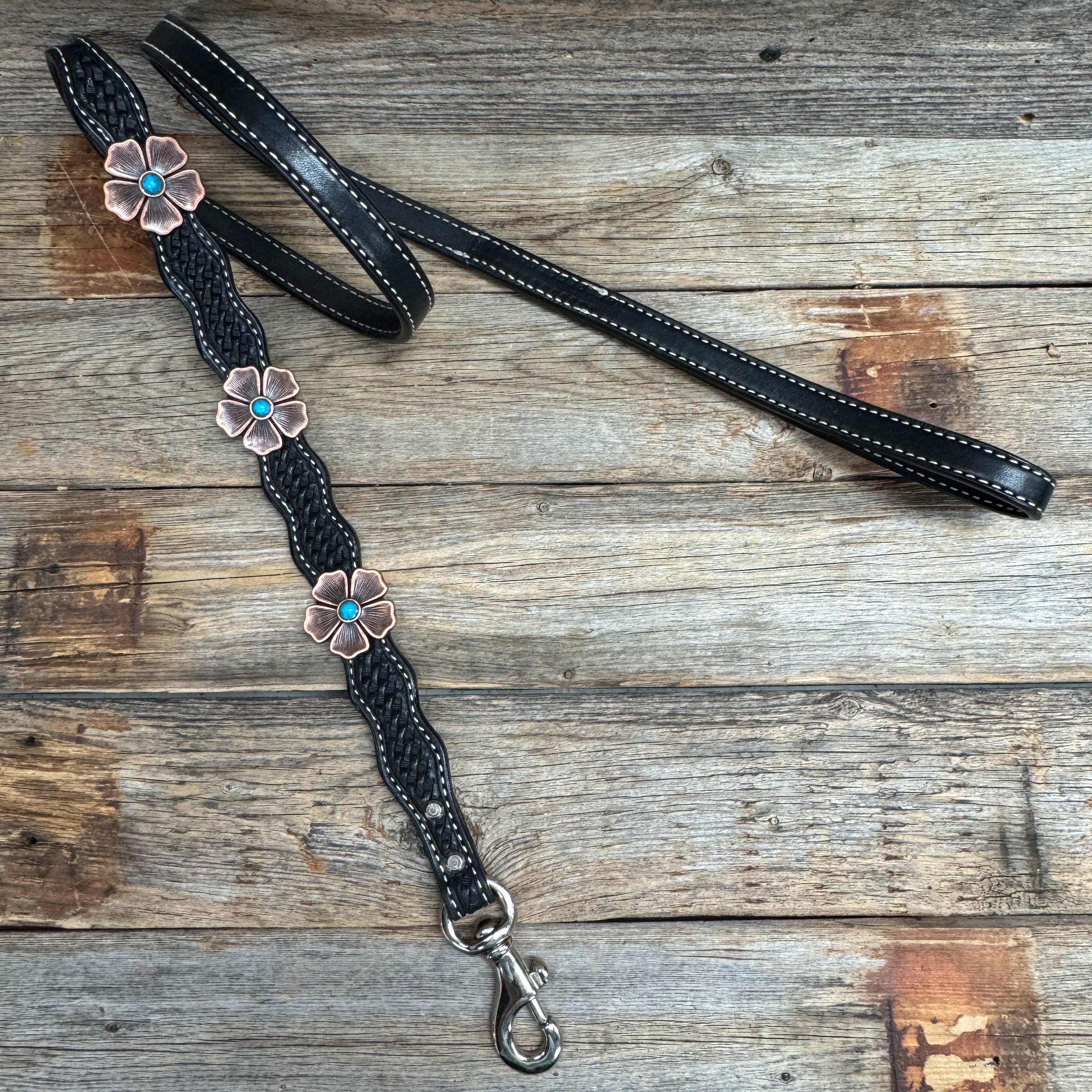 Genuine Leather Dog Collar or Leash With Copper Flower Conchos 12" to 22" W111S -DC7