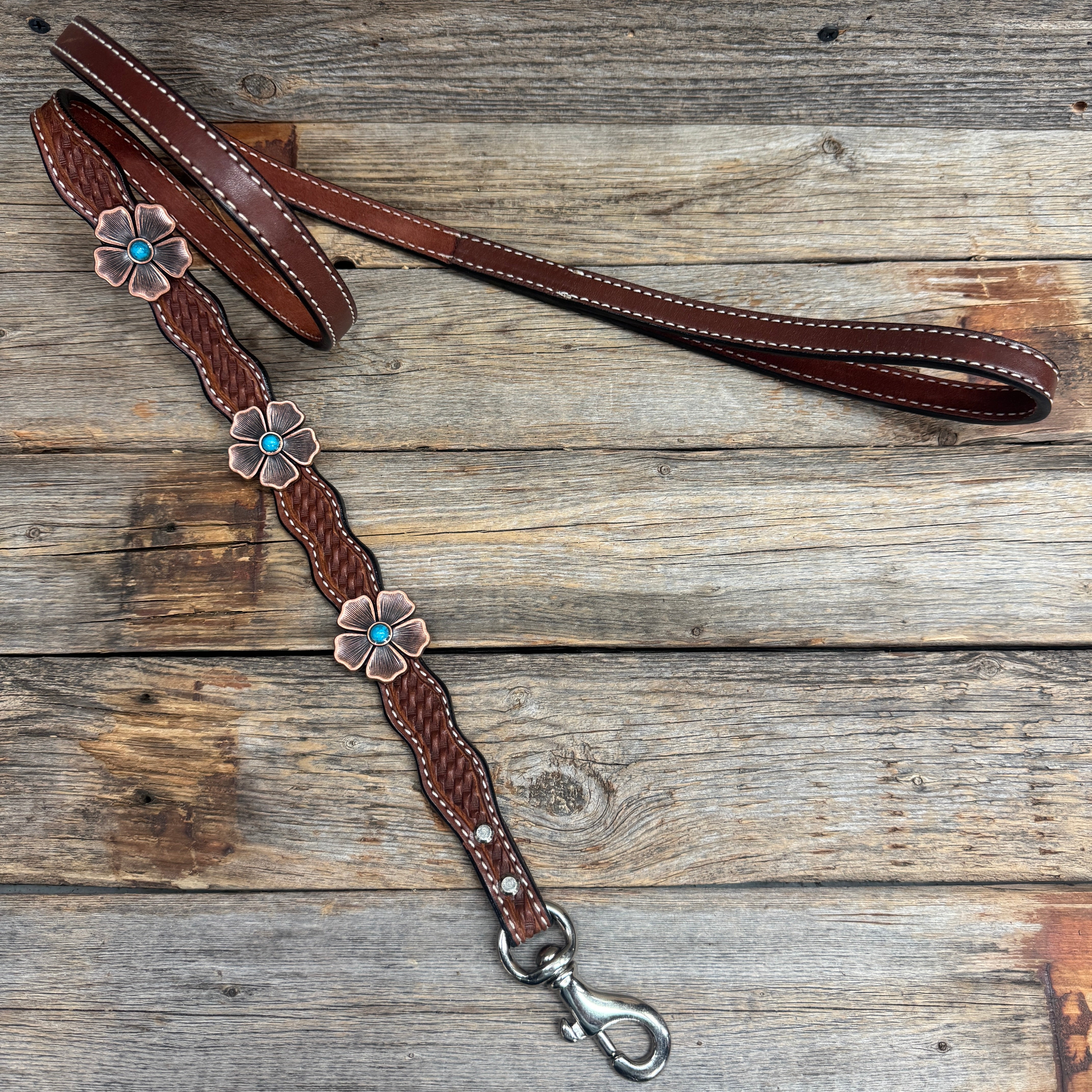 Genuine Leather Dog Collar or Leash With Copper Flower Conchos 12" to 22" W111S -DC7