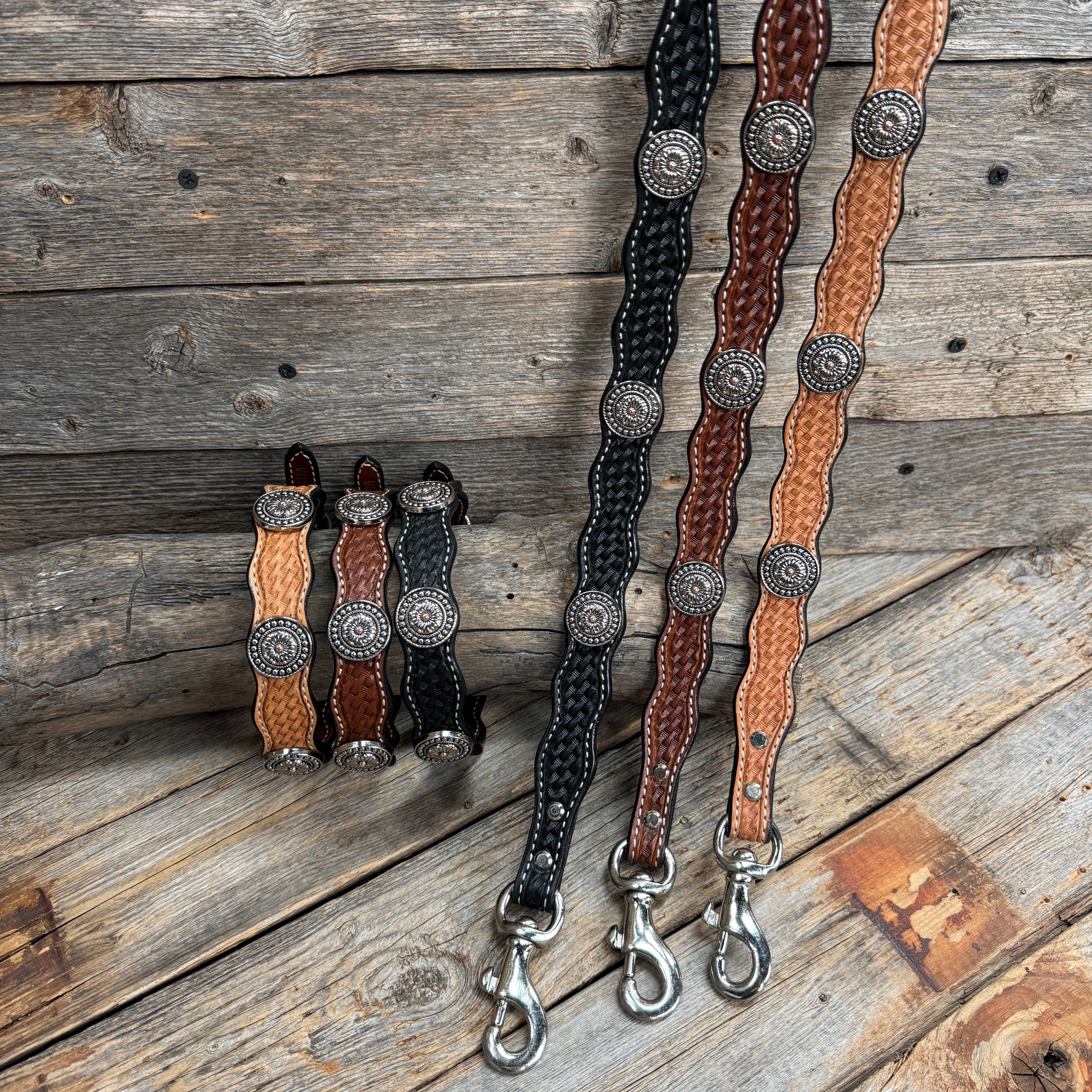Genuine Leather Dog Collar or Leash With Flower and Dot Conchos 10" to 22" W230S -DC70
