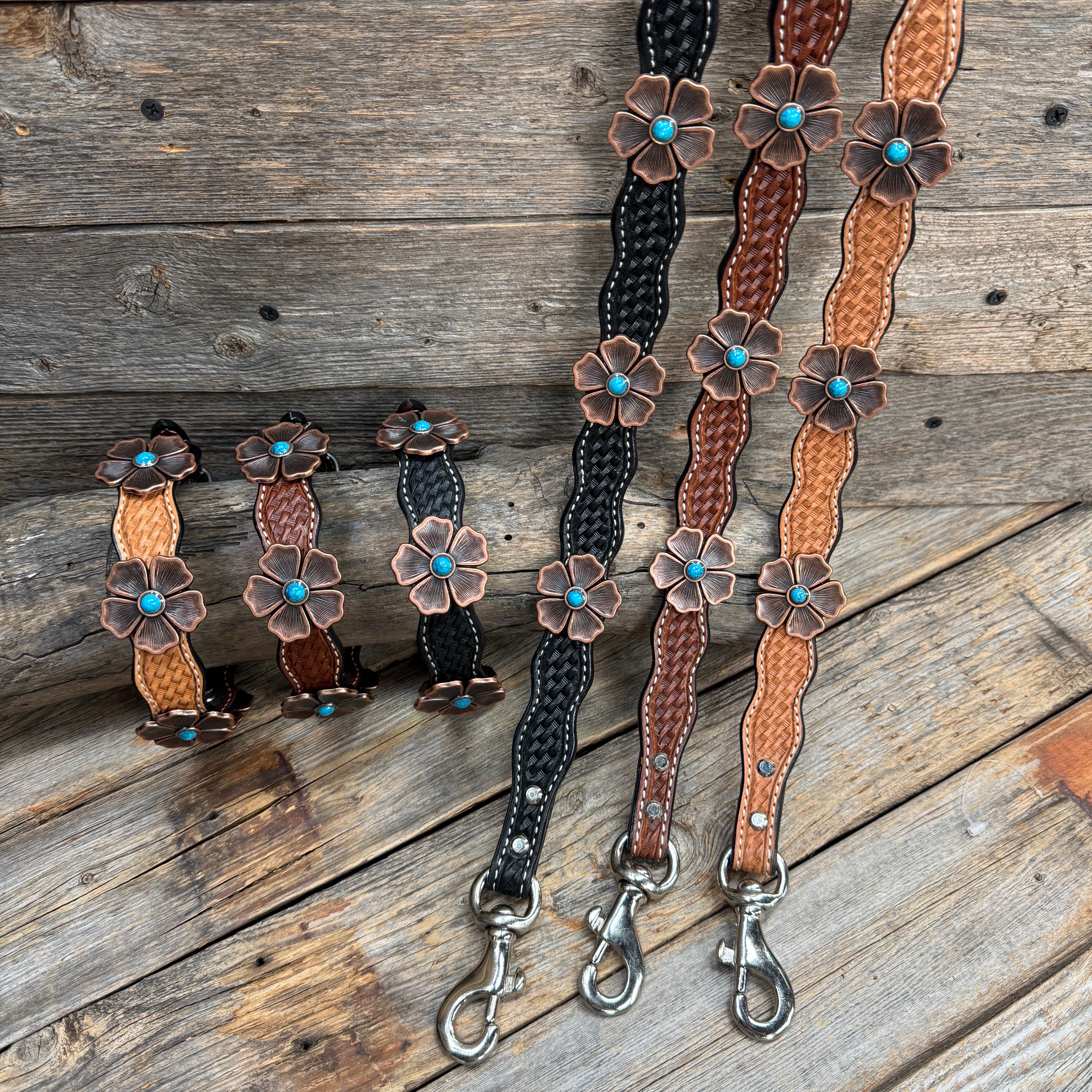 Genuine Leather Dog Collar or Leash With Copper Flower Conchos 12" to 22" W111S -DC7