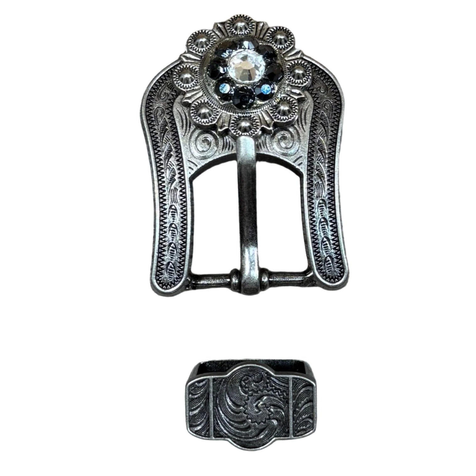 Jet & Clear Antique Silver Buckle Keeper European Crystal Concho