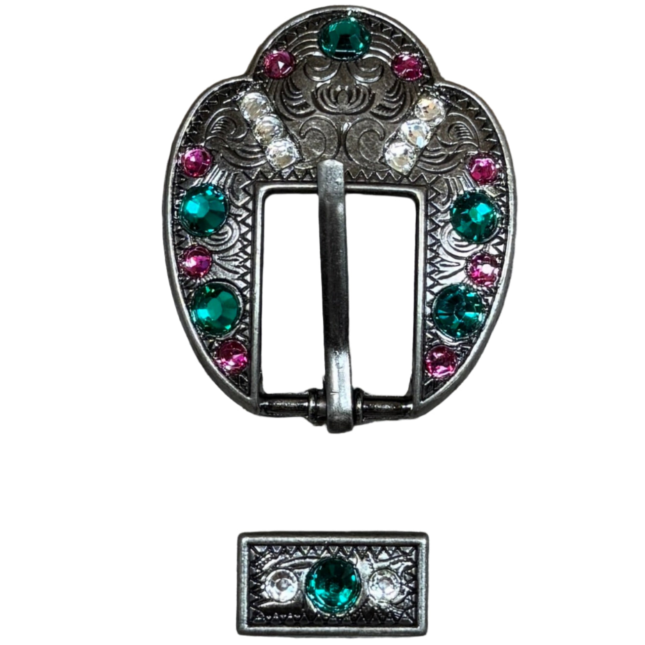Fuchsia, Clear & Emerald Antique Silver Fancy Buckle European Crystal Concho