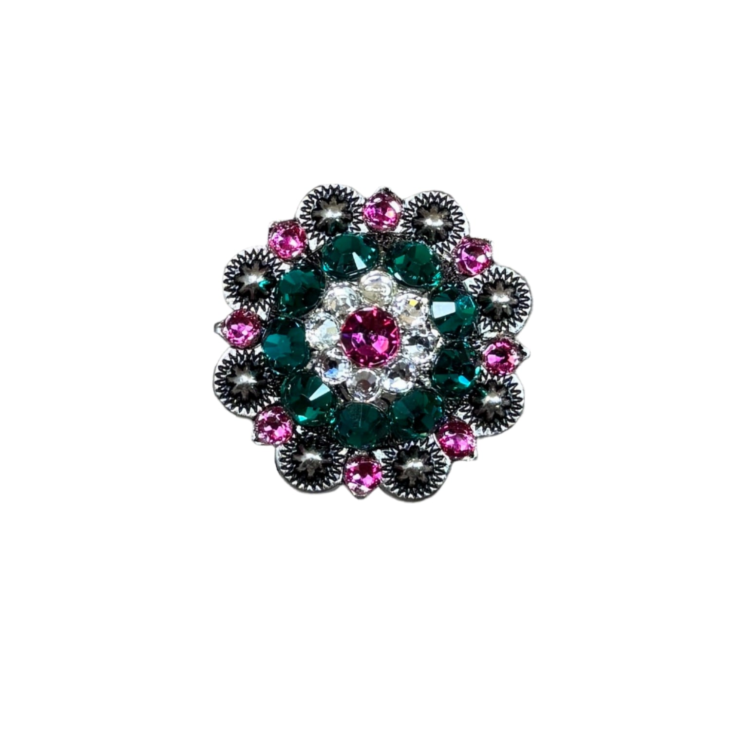 Fuchsia, Clear & Emerald Antique Silver 1.5" European Crystal Concho