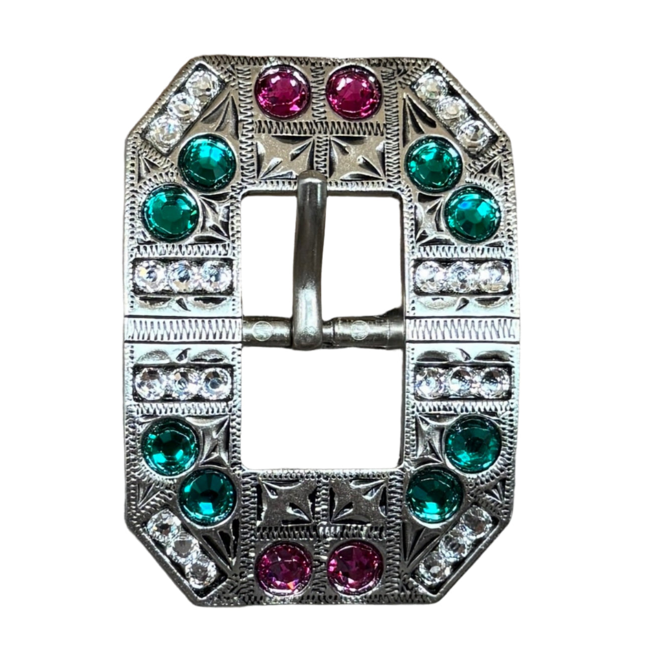 Fuchsia, Clear & Emerald Antique Silver Square Cart Buckle European Crystal Concho