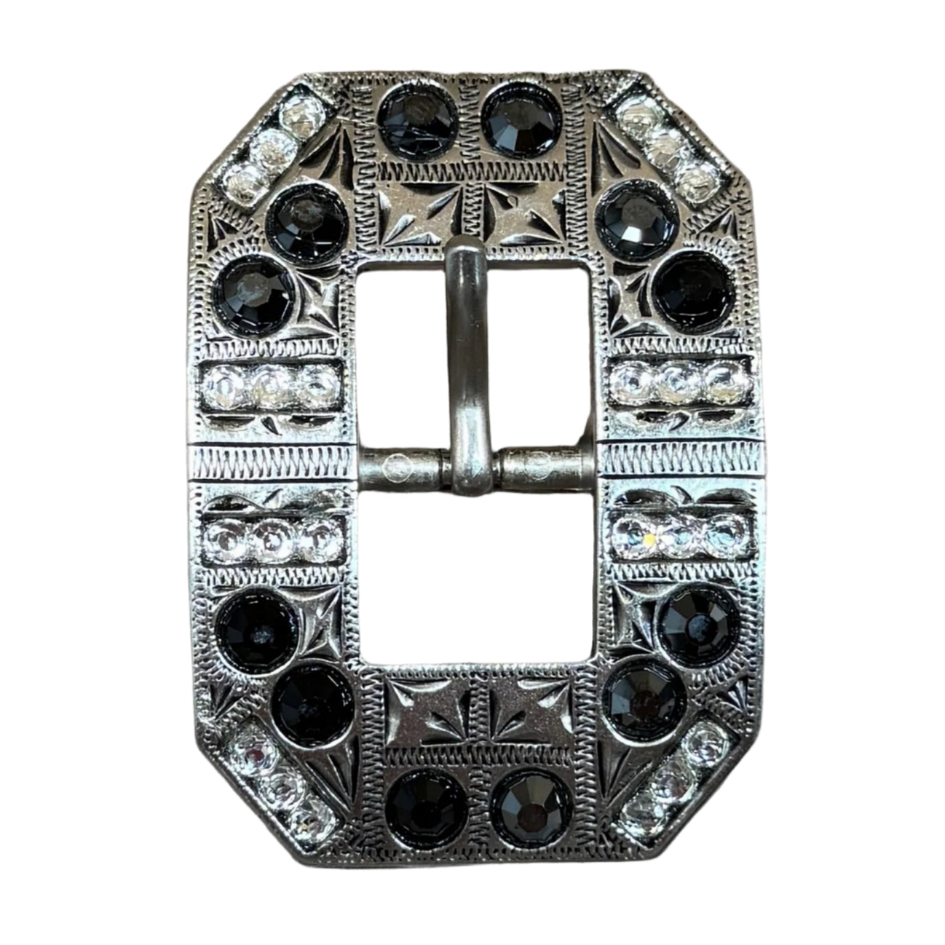 Jet & Clear Silver Square Cart Buckle European Crystal Concho
