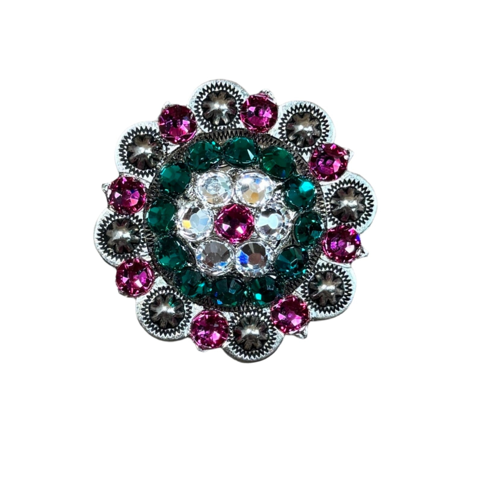 Fuchsia, Clear & Emerald Antique Silver 2" European Crystal Concho
