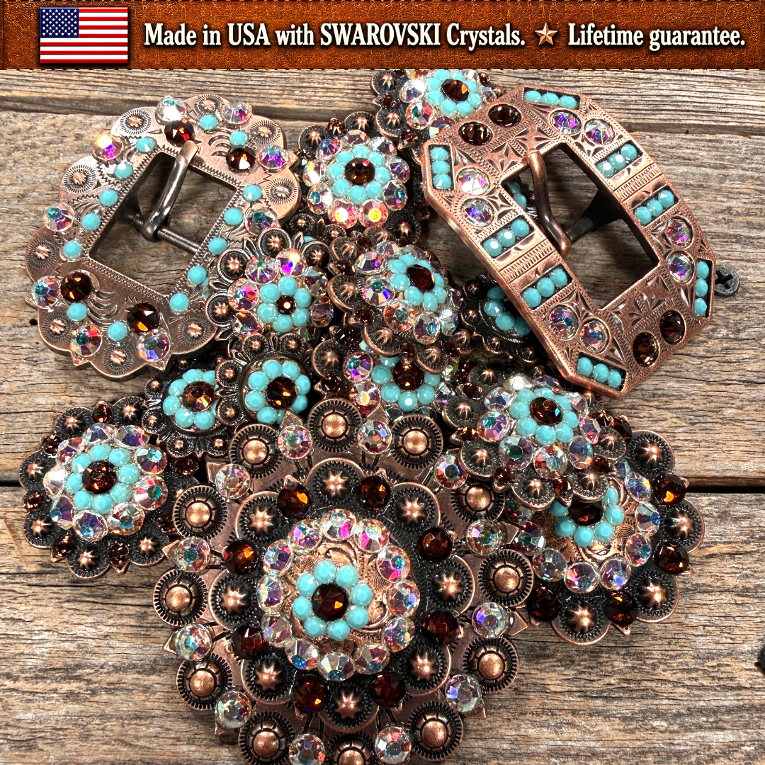 Copper Topaz - Turquoise - AB Crystal Conchos | Sizes 1"- 3" | Buckles | Saddle Set | Leather Rosettes | Slide