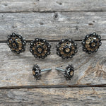 Antique Silver Champagne and Jet Saddle Conchos