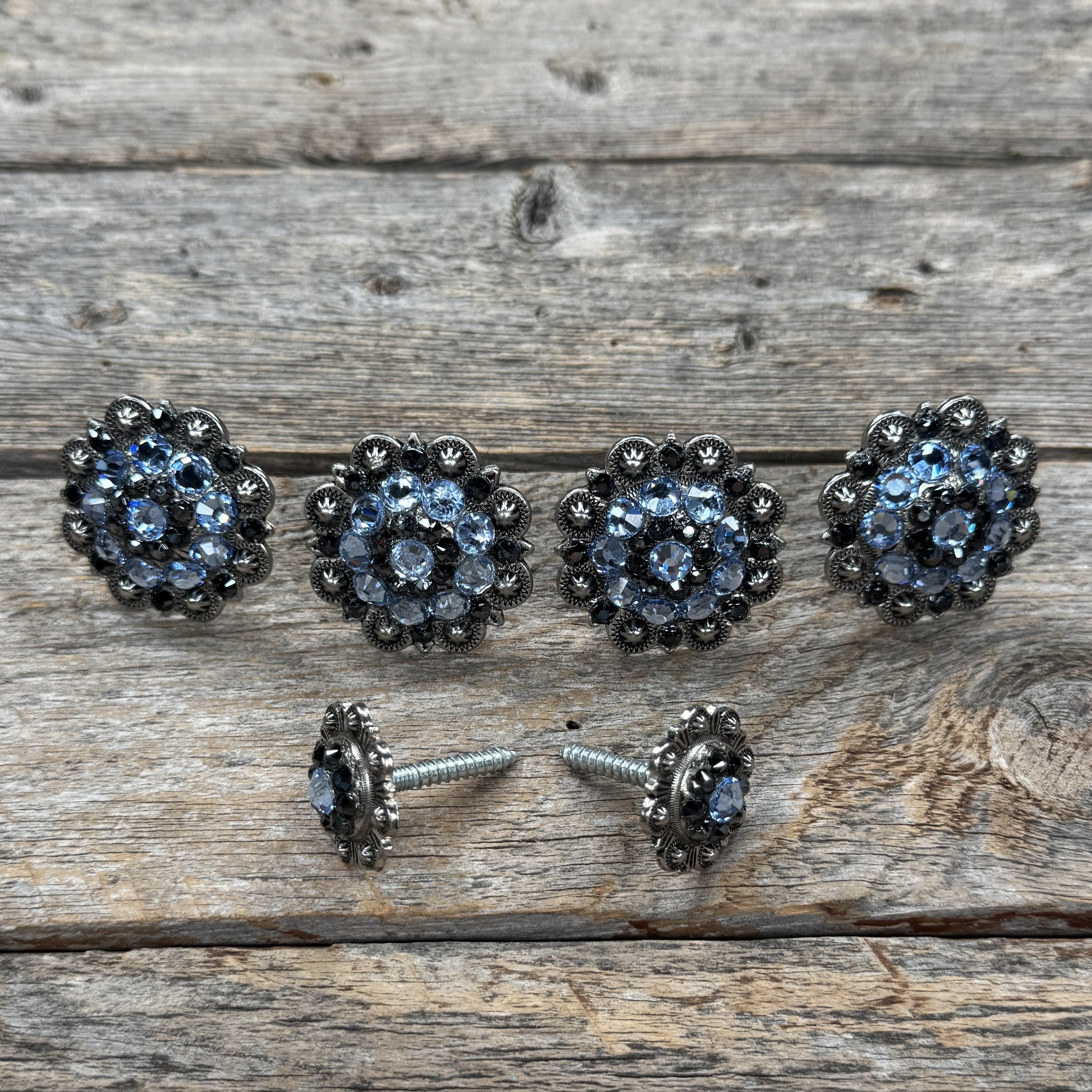 Antique Silver Light Sapphire and Jet Saddle Conchos