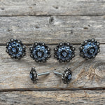 Antique Silver Light Sapphire and Jet Saddle Conchos
