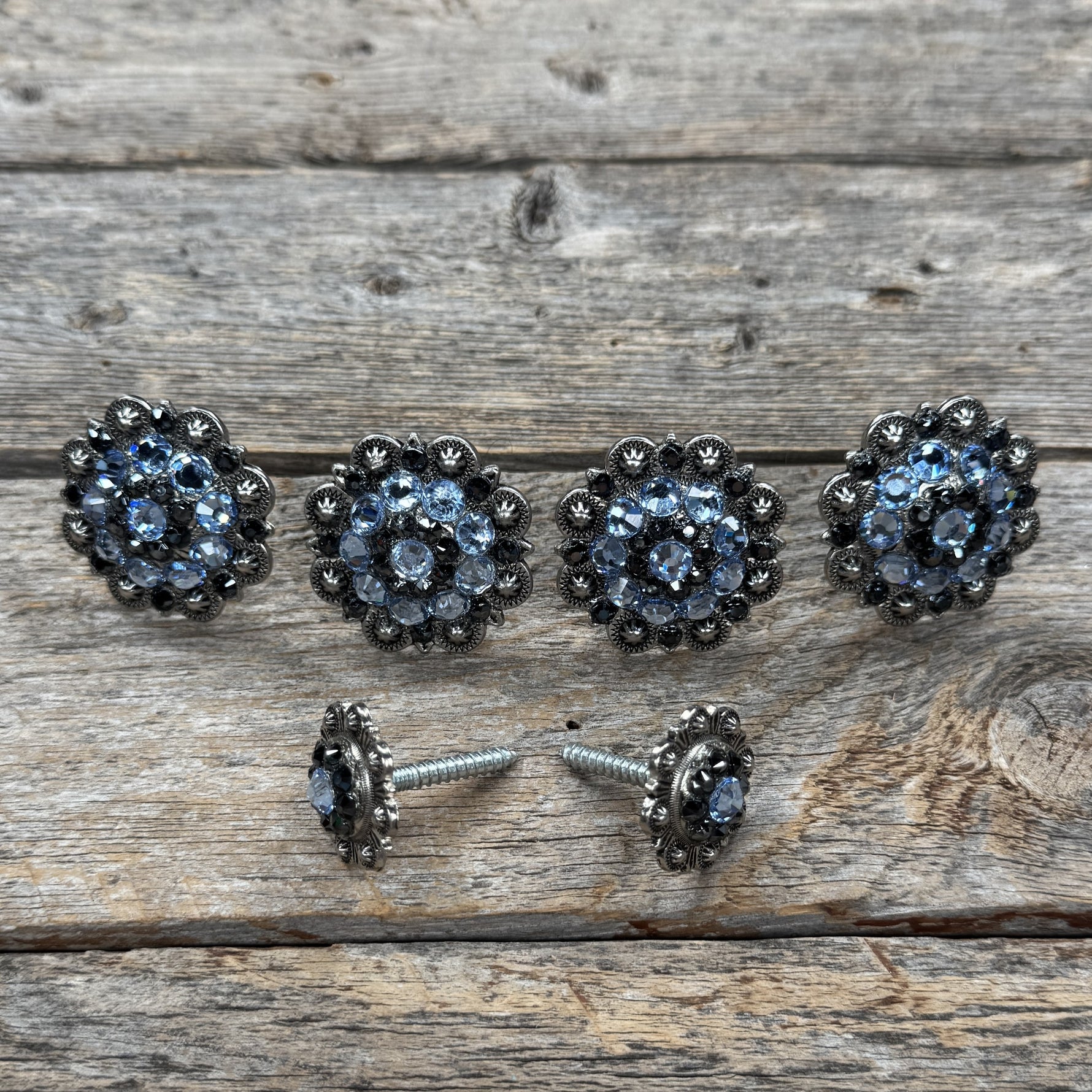 Antique Silver Light Sapphire and Jet Saddle Conchos