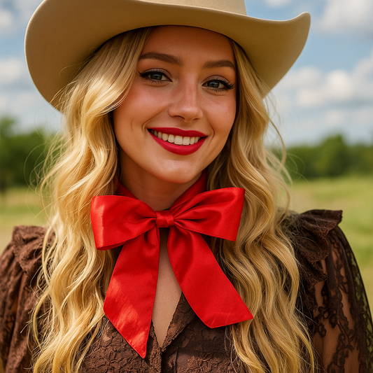 Woman wearing a beige cowboy hat and red scarf with a blurred natural background