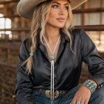 Clear Rhinestone Bolo Tie with Turquoise Slide