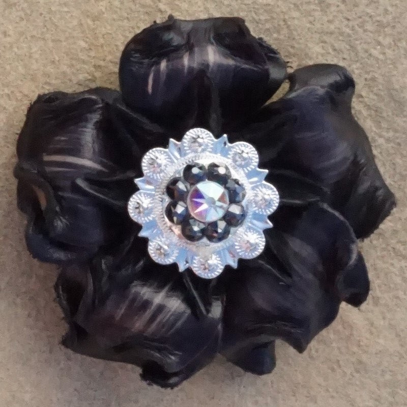 Black Gardenia Leather Flowers - 1" Crystal Conchos - Options