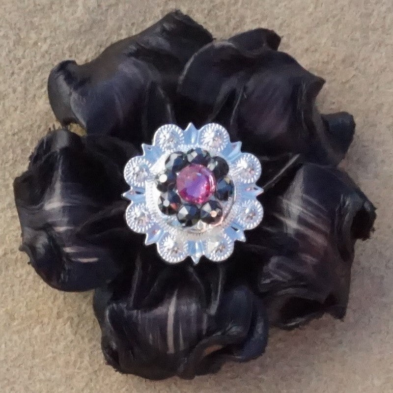 Black Gardenia Leather Flowers - 1" Crystal Conchos - Options